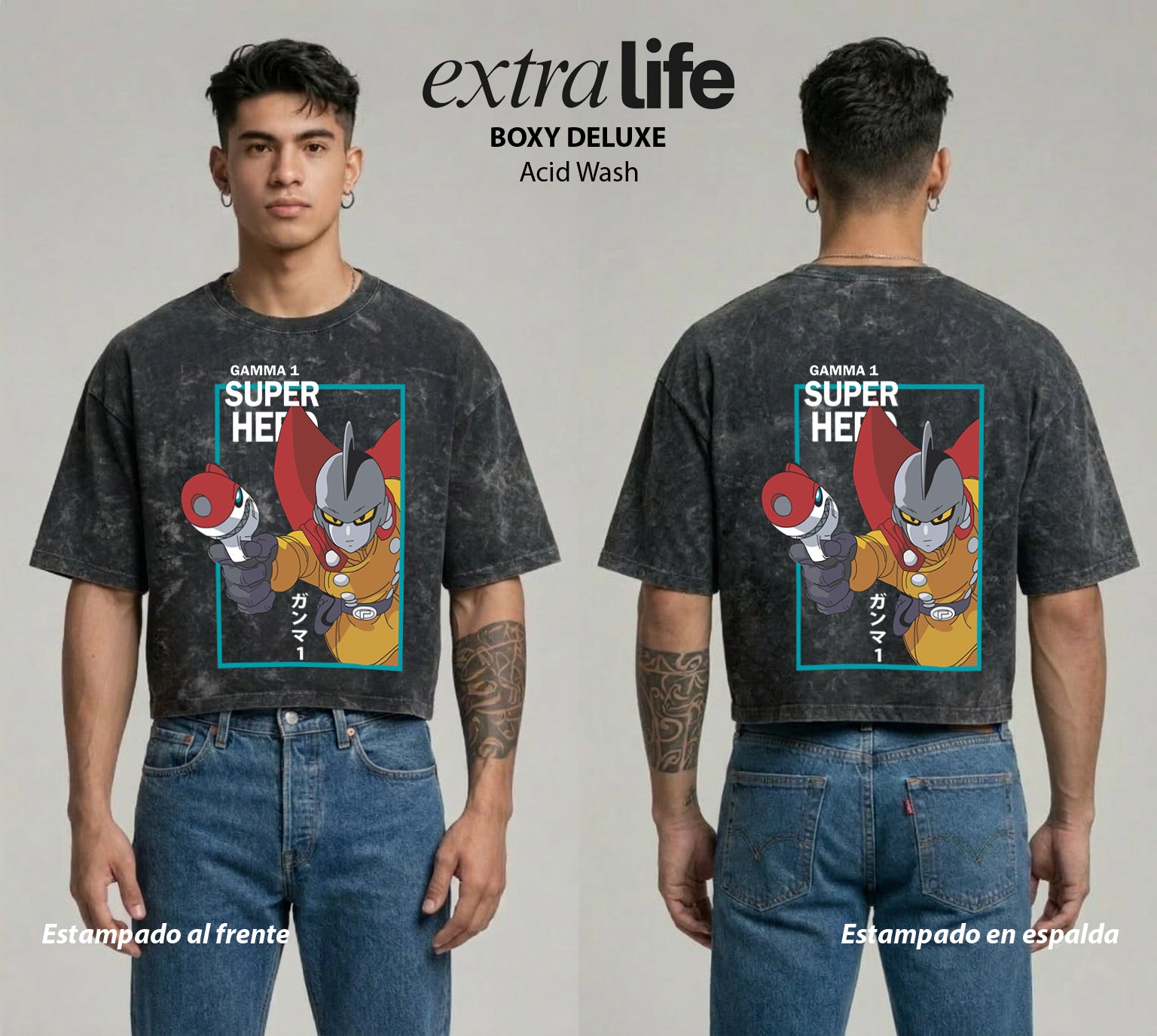 Playera streetwear premium de anime y gaming ExtraLife MX, corte boxy deluxe mineral wash heavyweight en color Acid Wash, moda urbana mexicana de culto.