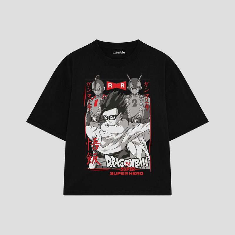 Playera streetwear premium de anime y gaming ExtraLife MX, corte boxy oversized drop shoulder heavyweight en color Deep Black y Off-White, moda urbana mexicana de culto.