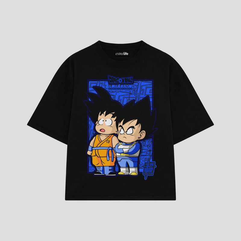 Playera streetwear premium de anime y gaming ExtraLife MX, corte boxy oversized drop shoulder heavyweight en color Deep Black y Off-White, moda urbana mexicana de culto.