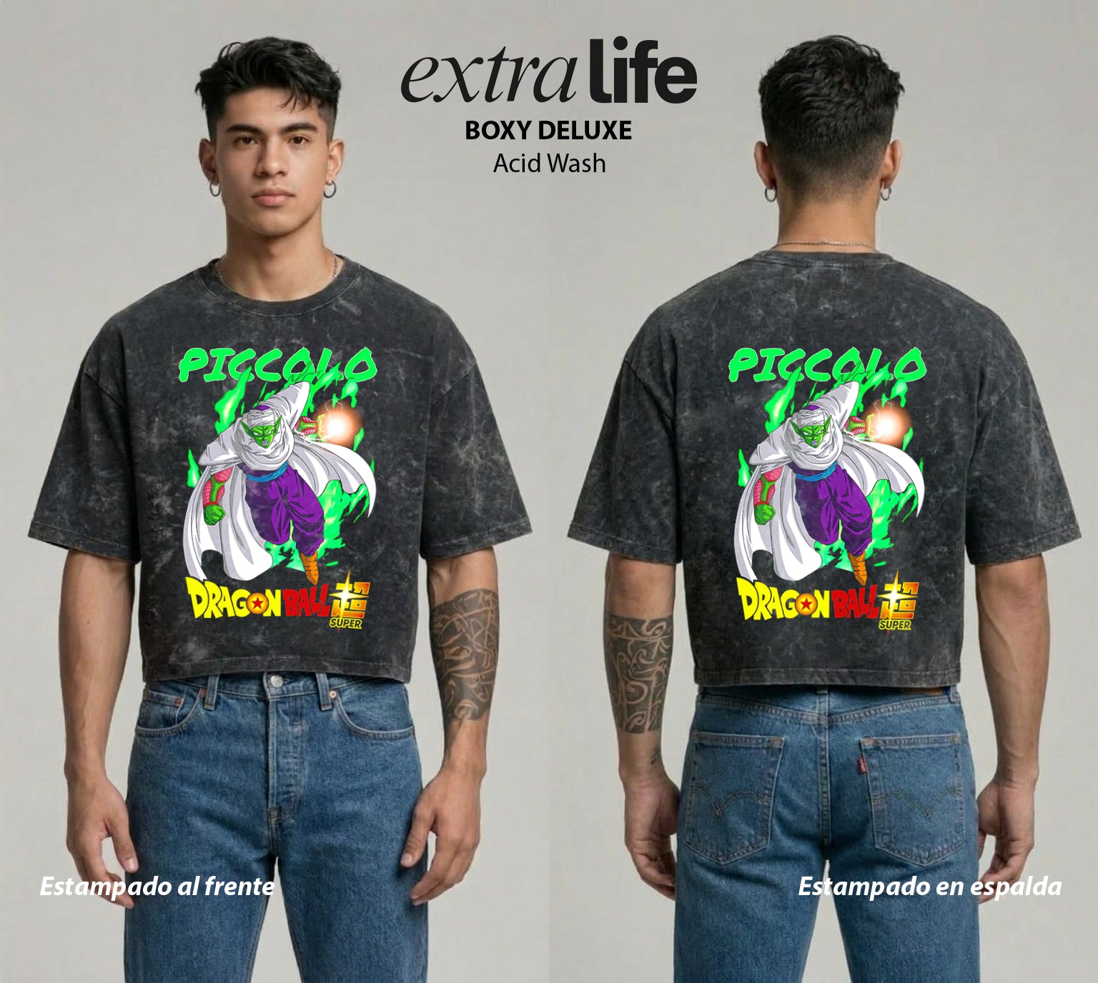 Playera streetwear premium de anime y gaming ExtraLife MX, corte boxy deluxe mineral wash heavyweight en color Acid Wash, moda urbana mexicana de culto.
