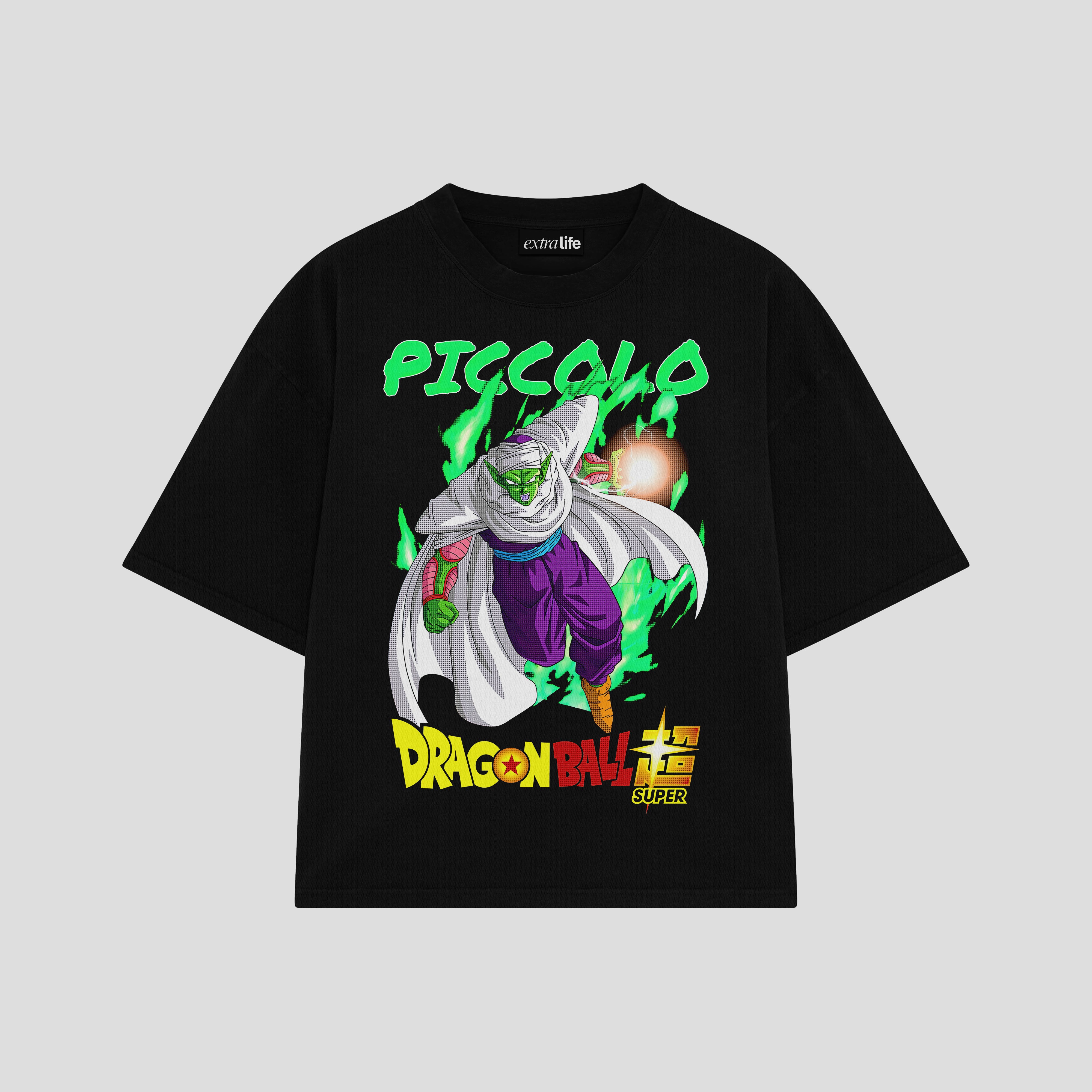 Playera streetwear premium de anime y gaming ExtraLife MX, corte boxy oversized drop shoulder heavyweight en color Deep Black y Off-White, moda urbana mexicana de culto.