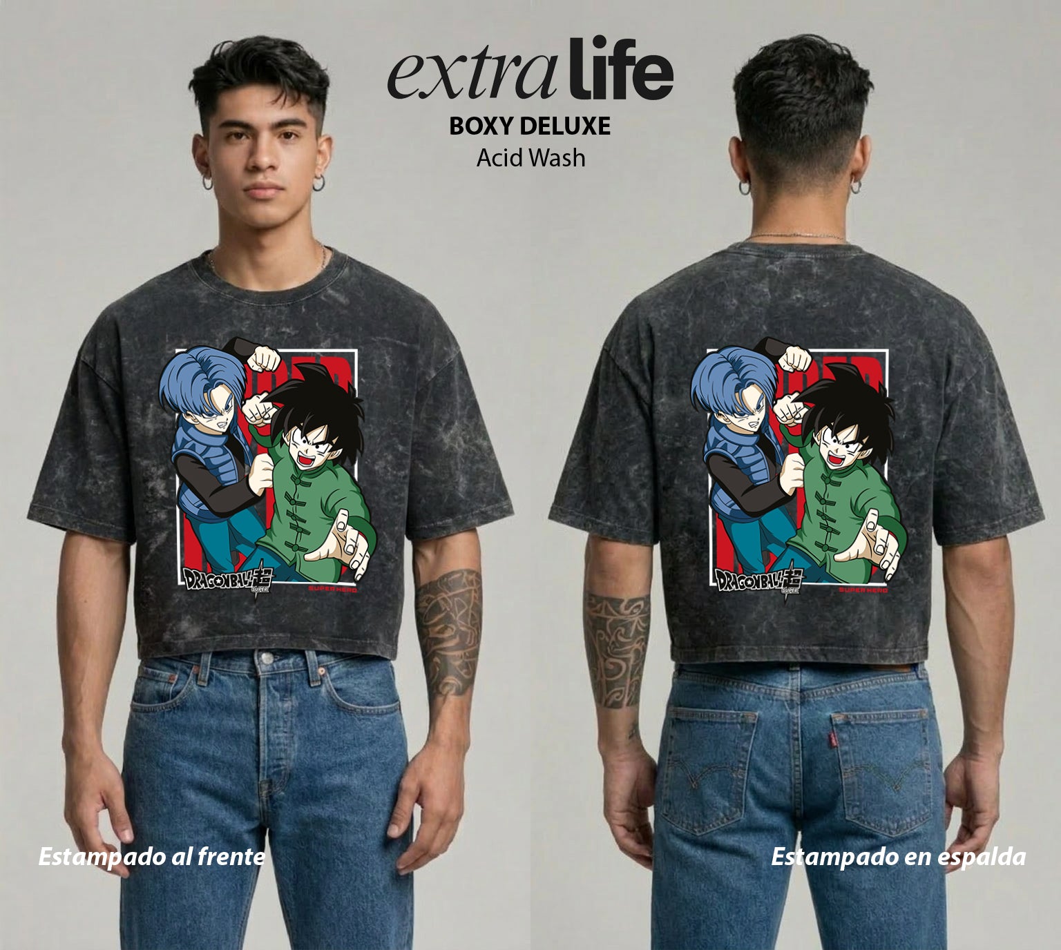 Playera streetwear premium de anime y gaming ExtraLife MX, corte boxy deluxe mineral wash heavyweight en color Acid Wash, moda urbana mexicana de culto.
