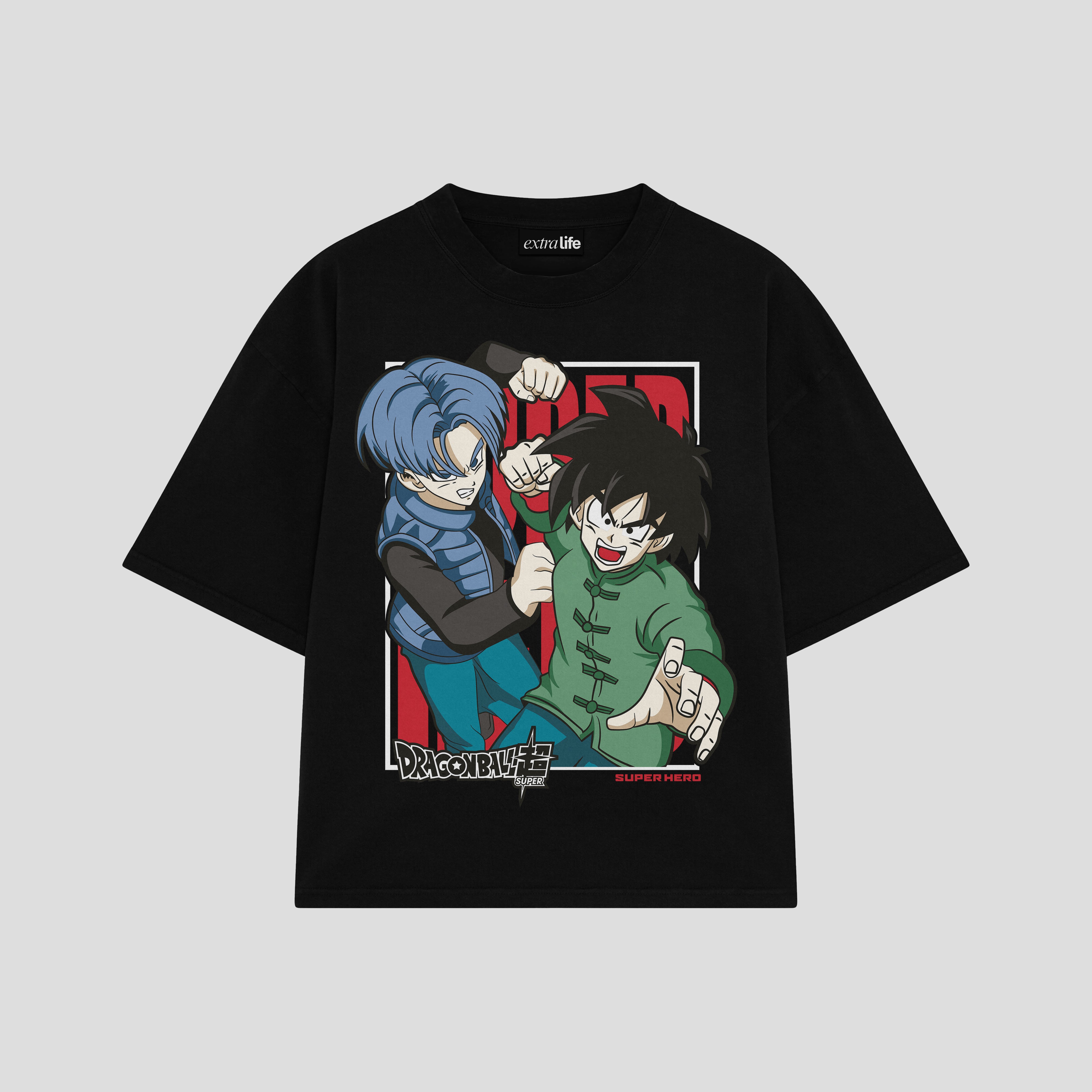 Playera streetwear premium de anime y gaming ExtraLife MX, corte boxy oversized drop shoulder heavyweight en color Deep Black y Off-White, moda urbana mexicana de culto.