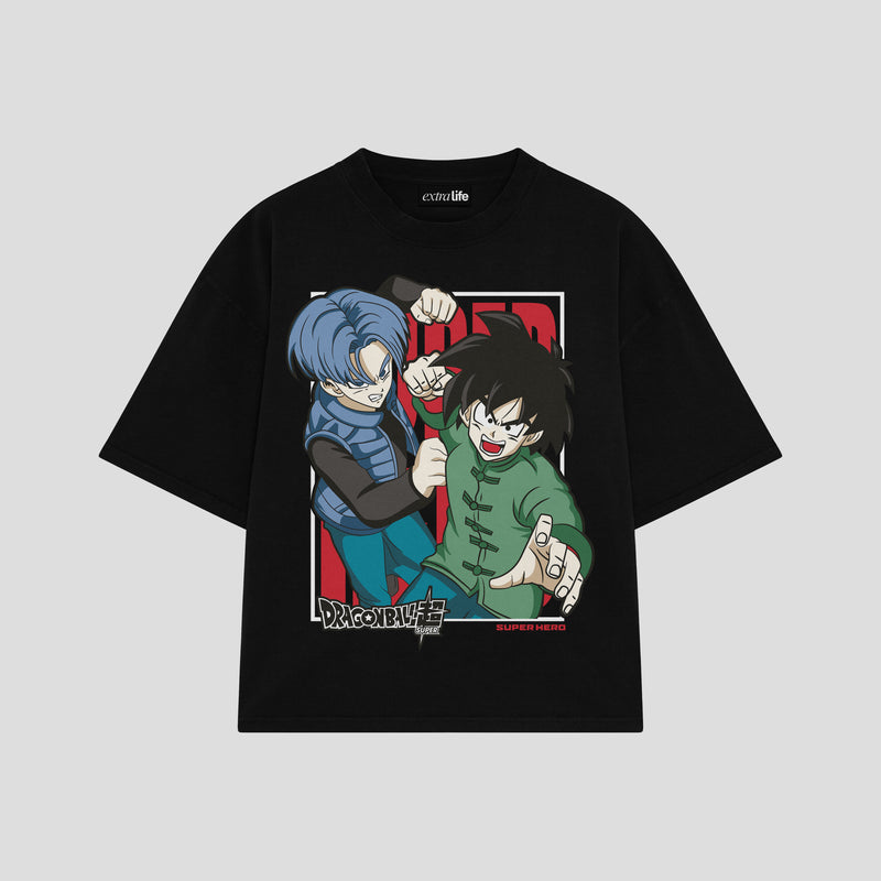 Playera streetwear premium de anime y gaming ExtraLife MX, corte boxy oversized drop shoulder heavyweight en color Deep Black y Off-White, moda urbana mexicana de culto.
