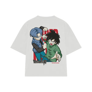 Playera streetwear premium de anime y gaming ExtraLife MX, corte boxy oversized drop shoulder heavyweight en color Deep Black y Off-White, moda urbana mexicana de culto.