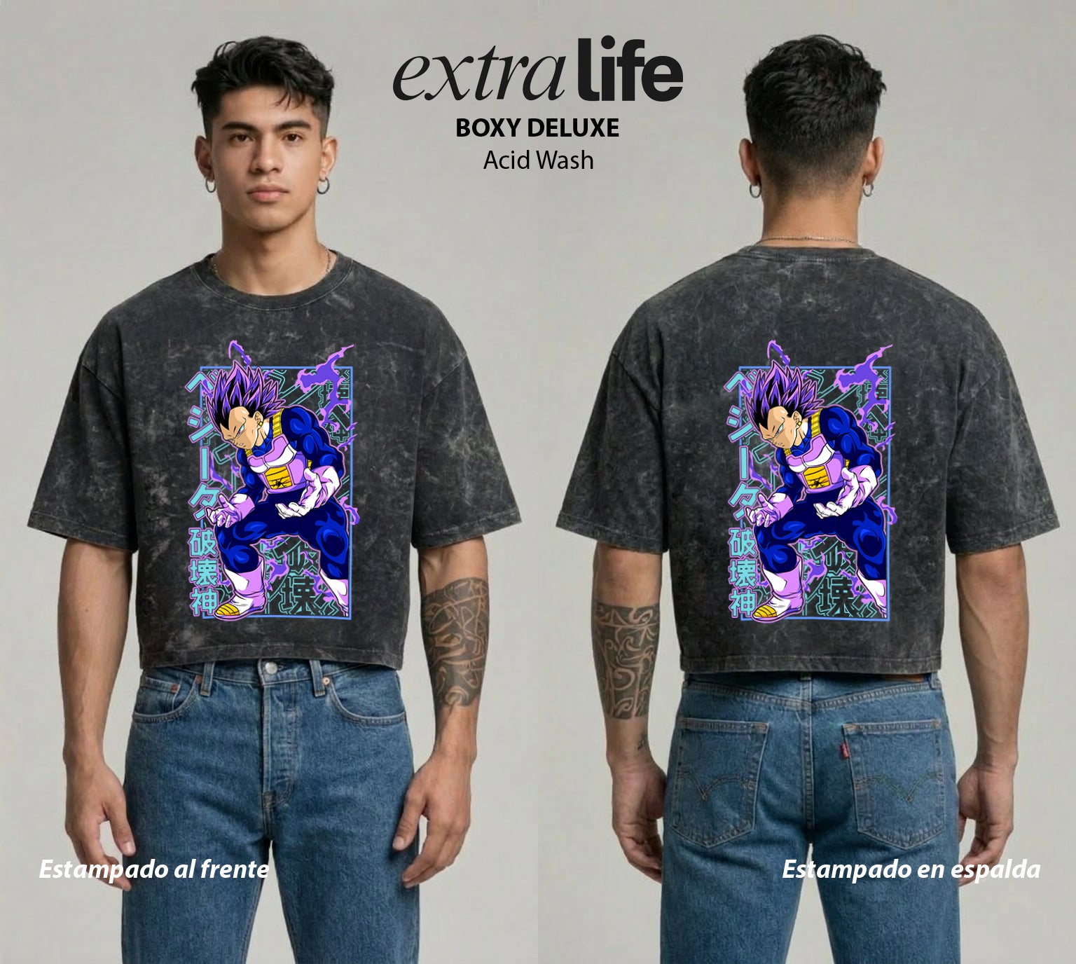 Playera streetwear premium de anime y gaming ExtraLife MX, corte boxy deluxe mineral wash heavyweight en color Acid Wash, moda urbana mexicana de culto.