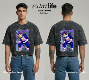 Playera streetwear premium de anime y gaming ExtraLife MX, corte boxy deluxe mineral wash heavyweight en color Acid Wash, moda urbana mexicana de culto.