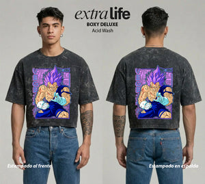 Playera streetwear premium de anime y gaming ExtraLife MX, corte boxy deluxe mineral wash heavyweight en color Acid Wash, moda urbana mexicana de culto.