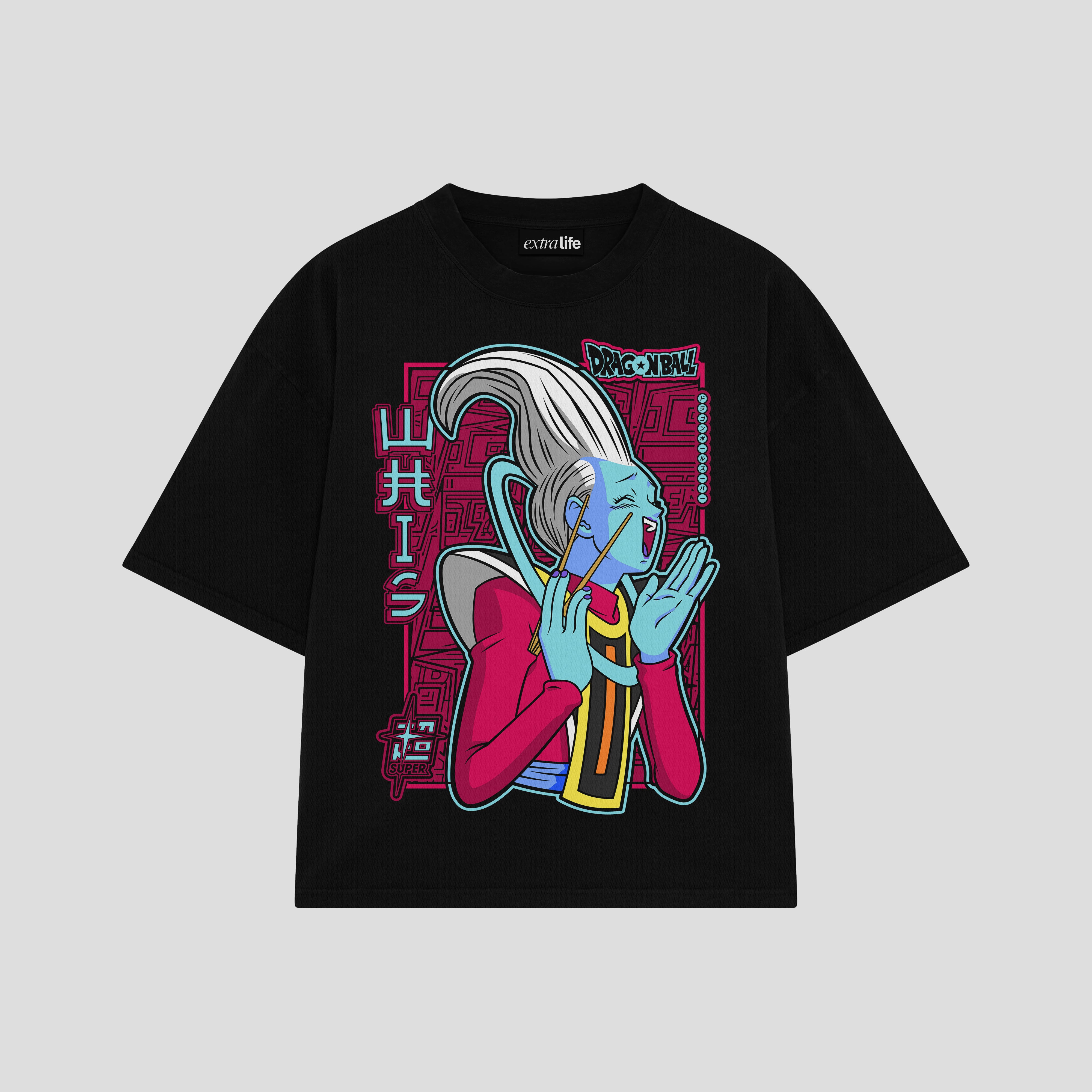Playera streetwear premium de anime y gaming ExtraLife MX, corte boxy oversized drop shoulder heavyweight en color Deep Black y Off-White, moda urbana mexicana de culto.