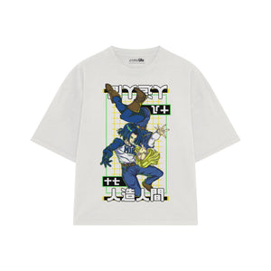 Playera streetwear premium de anime y gaming ExtraLife MX, corte boxy oversized drop shoulder heavyweight en color Deep Black y Off-White, moda urbana mexicana de culto.
