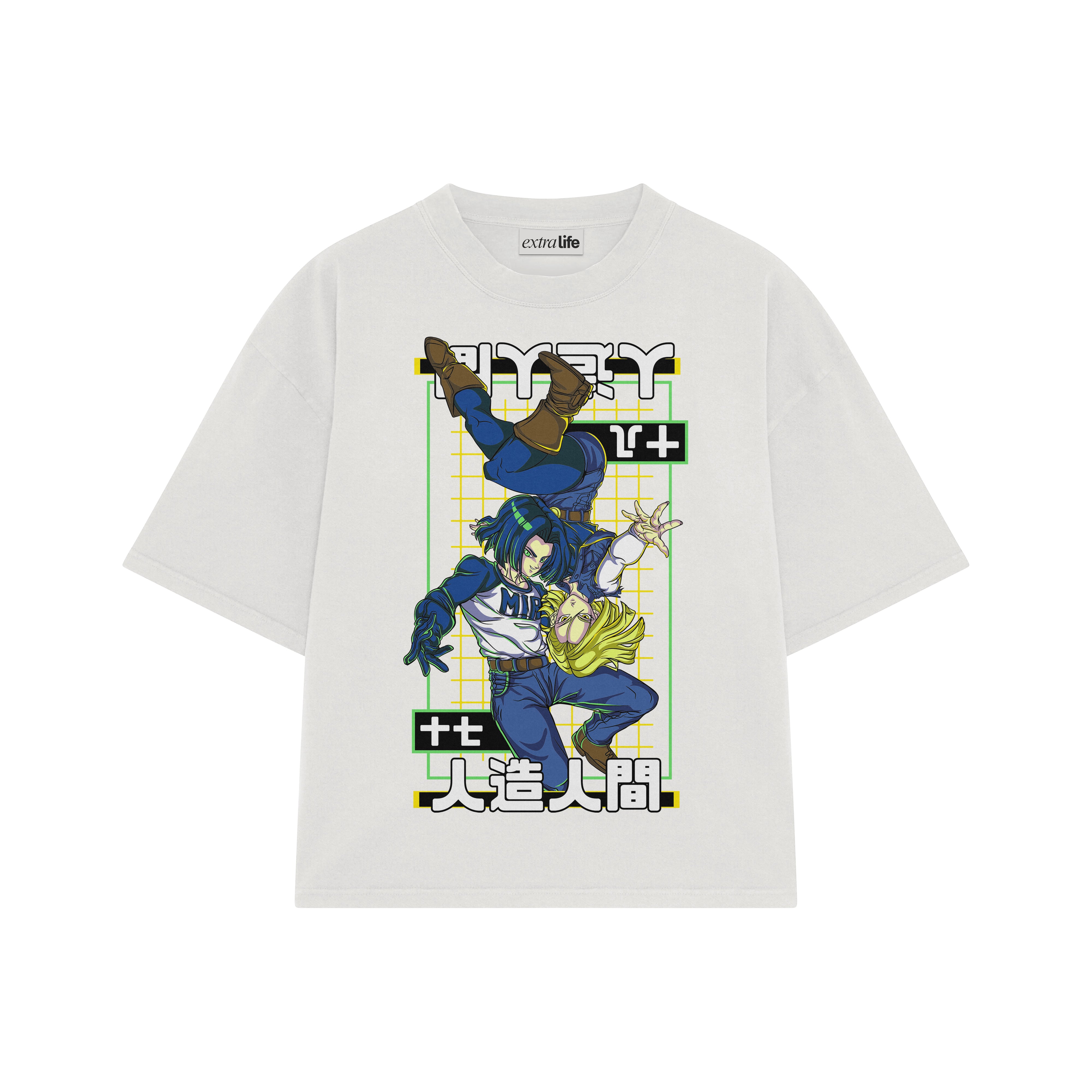 Playera streetwear premium de anime y gaming ExtraLife MX, corte boxy oversized drop shoulder heavyweight en color Deep Black y Off-White, moda urbana mexicana de culto.