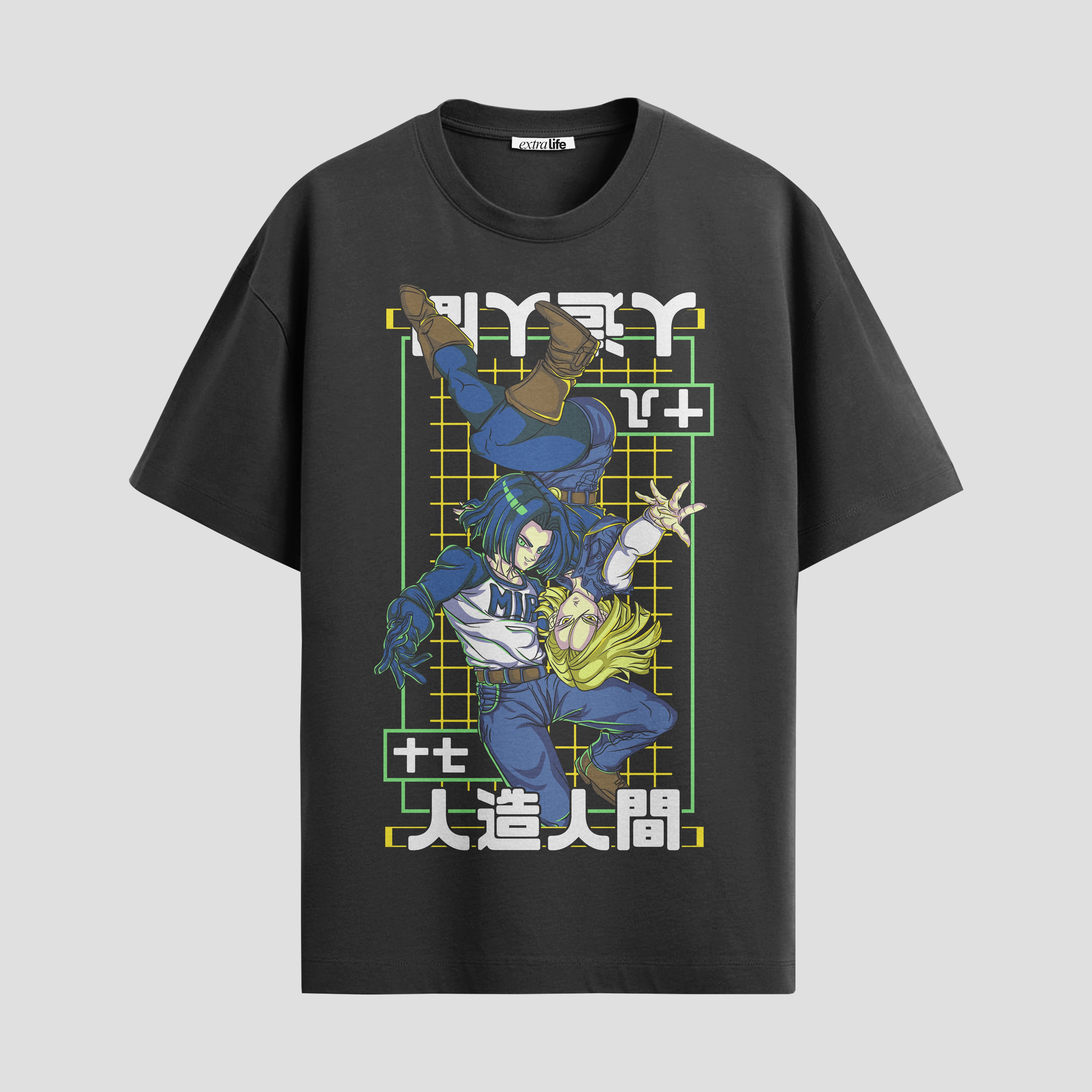 Playera urbana de anime y gaming ExtraLife MX, corte Standard Fit unisex ligero y transpirable en color Deep Black y Pure White, ropa de uso diario para gym y casual.