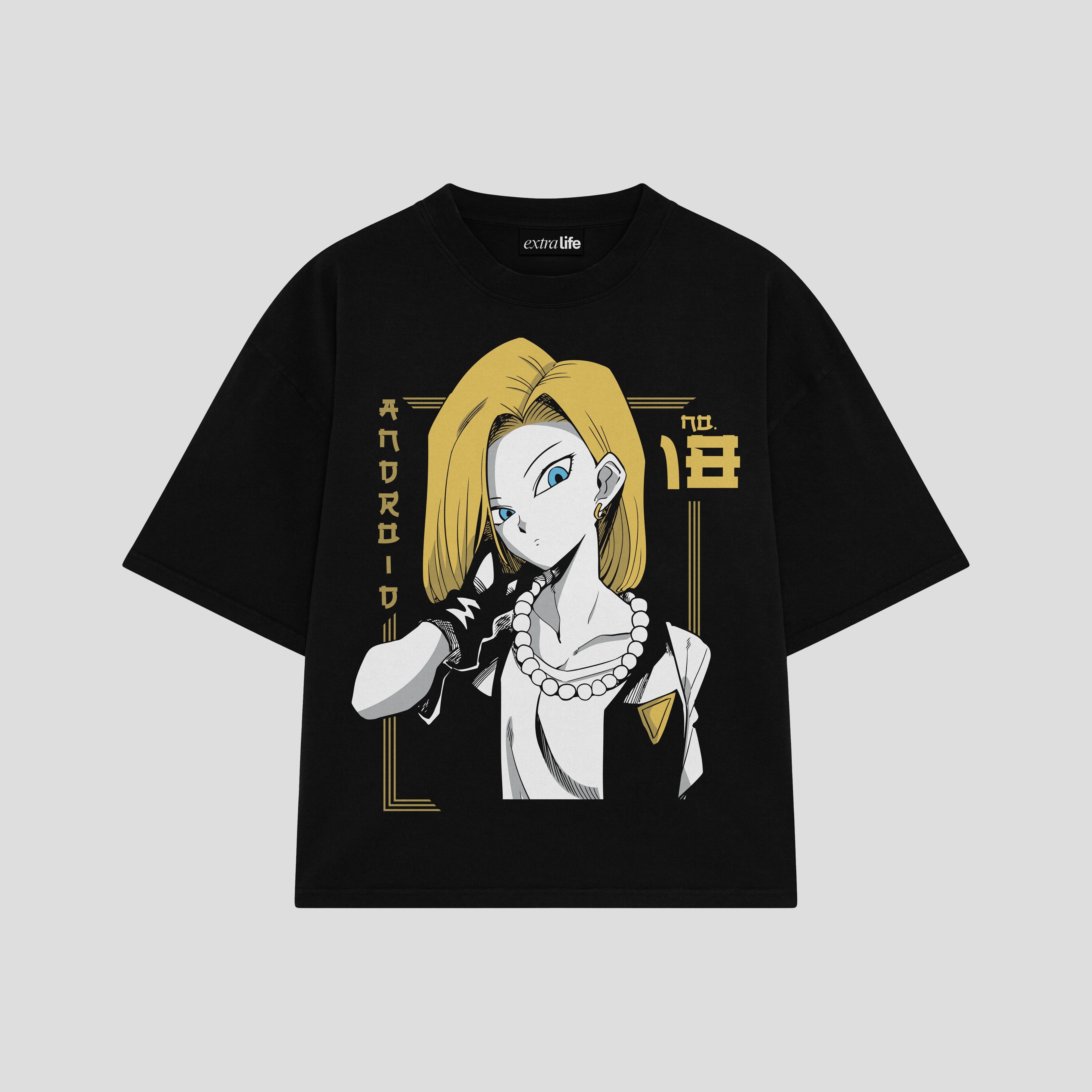 Playera streetwear premium de anime y gaming ExtraLife MX, corte boxy oversized drop shoulder heavyweight en color Deep Black y Off-White, moda urbana mexicana de culto.