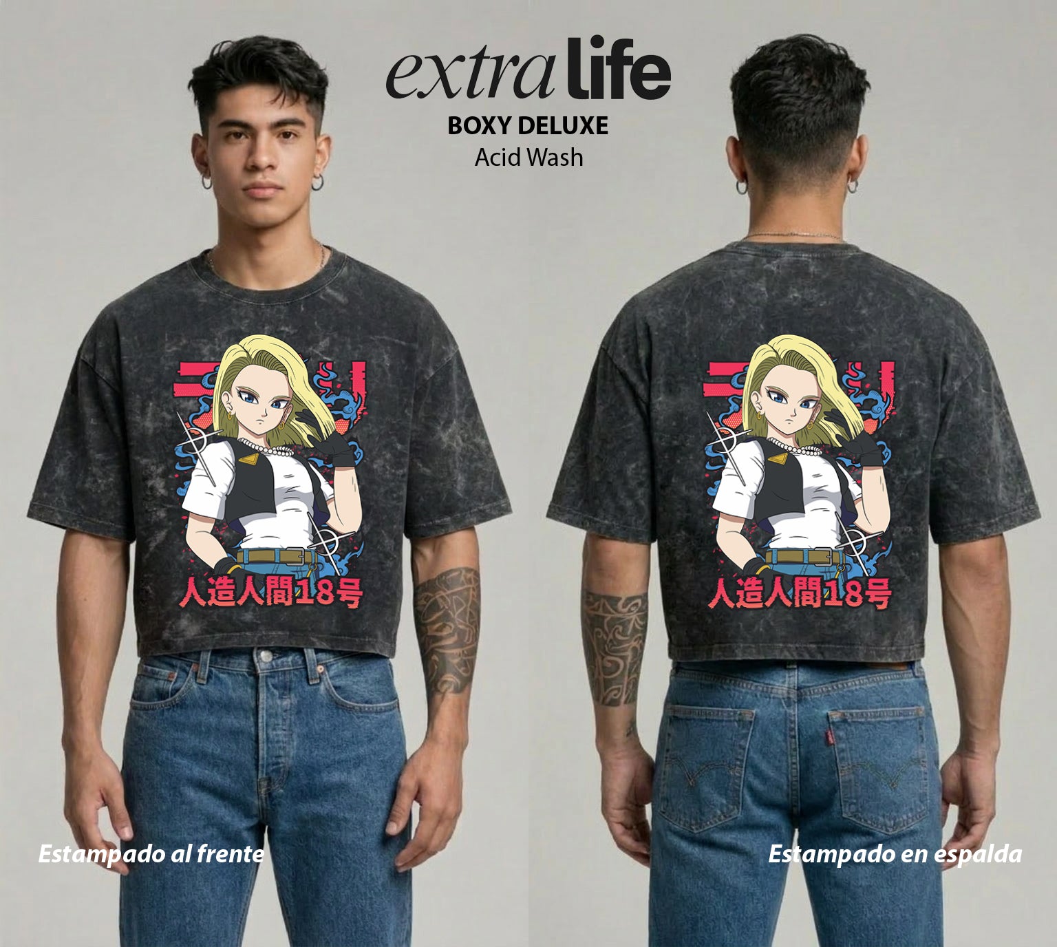 Playera streetwear premium de anime y gaming ExtraLife MX, corte boxy deluxe mineral wash heavyweight en color Acid Wash, moda urbana mexicana de culto.
