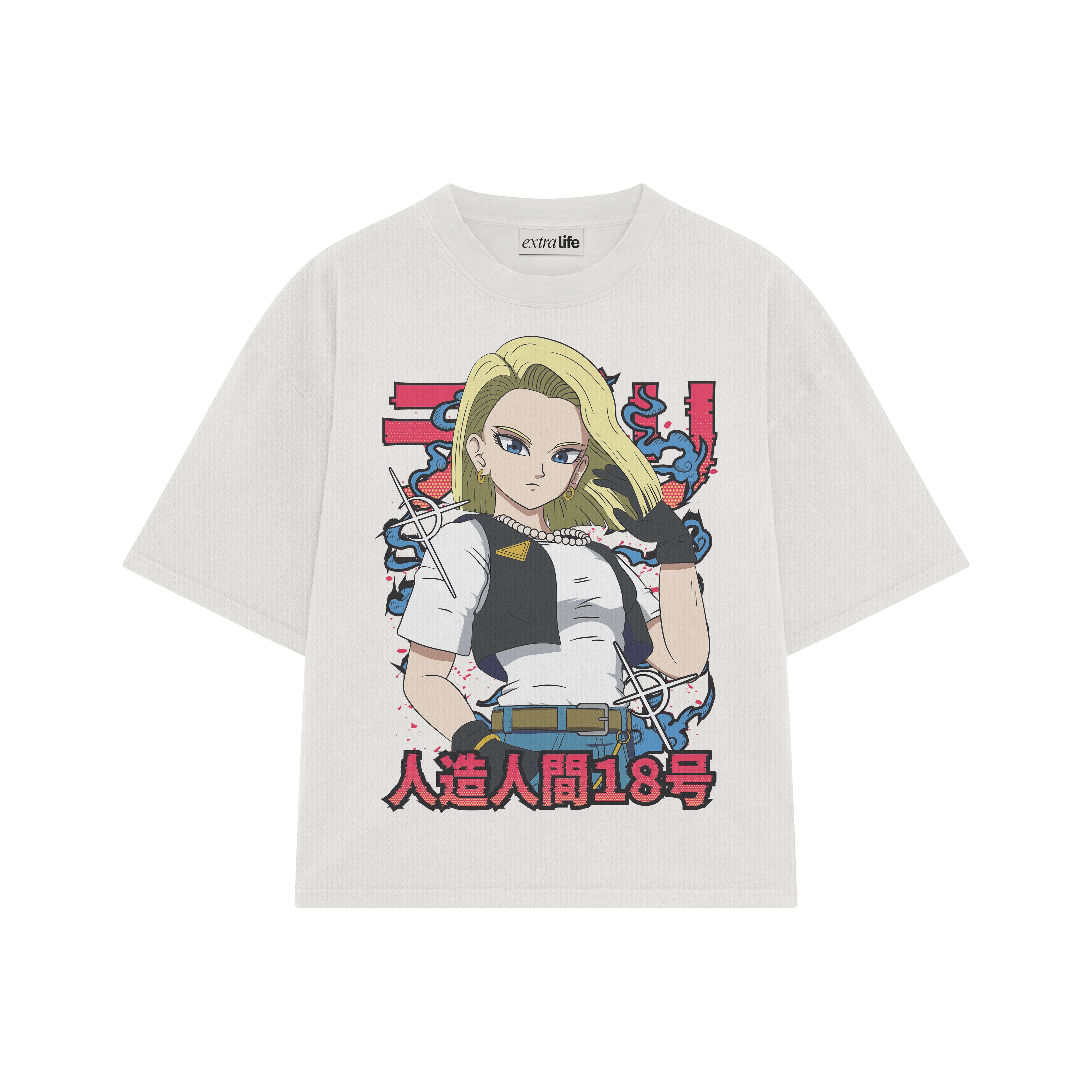 Playera streetwear premium de anime y gaming ExtraLife MX, corte boxy oversized drop shoulder heavyweight en color Deep Black y Off-White, moda urbana mexicana de culto.