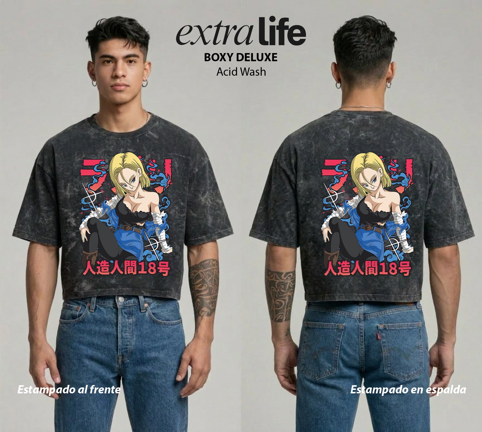 Playera streetwear premium de anime y gaming ExtraLife MX, corte boxy deluxe mineral wash heavyweight en color Acid Wash, moda urbana mexicana de culto.