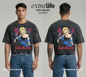 Playera streetwear premium de anime y gaming ExtraLife MX, corte boxy deluxe mineral wash heavyweight en color Acid Wash, moda urbana mexicana de culto.