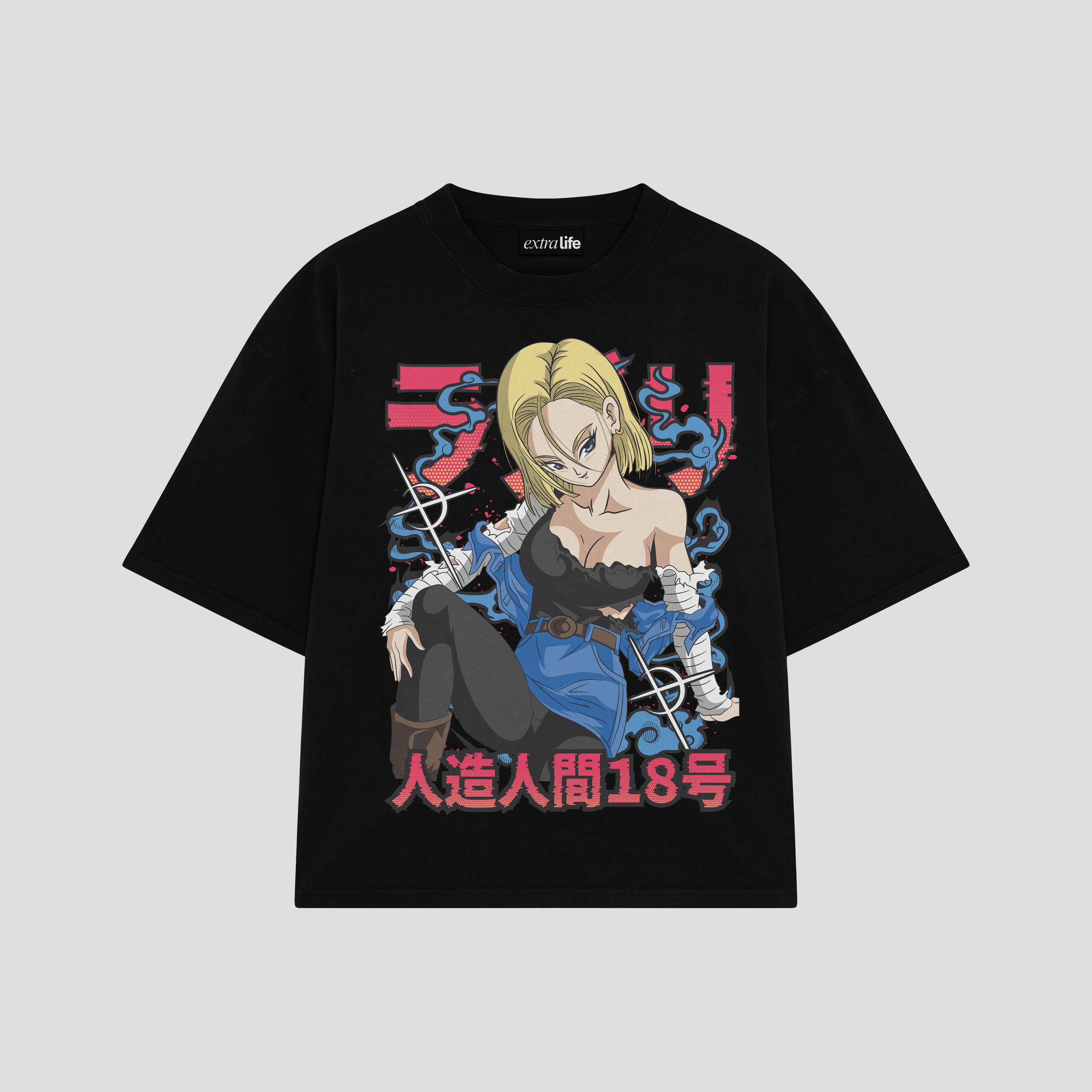 Playera streetwear premium de anime y gaming ExtraLife MX, corte boxy oversized drop shoulder heavyweight en color Deep Black y Off-White, moda urbana mexicana de culto.