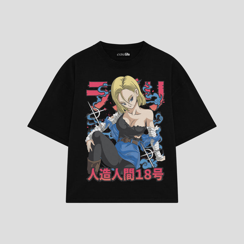Playera streetwear premium de anime y gaming ExtraLife MX, corte boxy oversized drop shoulder heavyweight en color Deep Black y Off-White, moda urbana mexicana de culto.