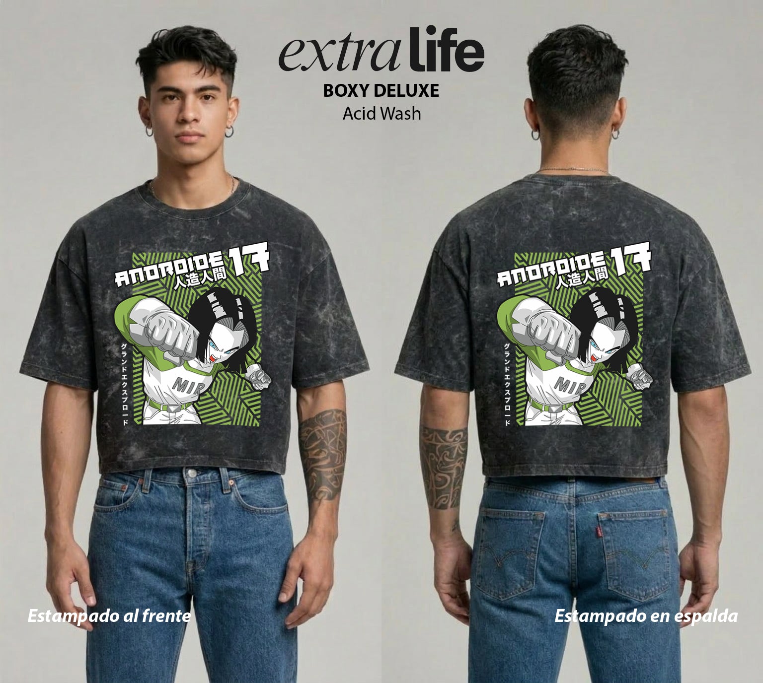 Playera streetwear premium de anime y gaming ExtraLife MX, corte boxy deluxe mineral wash heavyweight en color Acid Wash, moda urbana mexicana de culto.