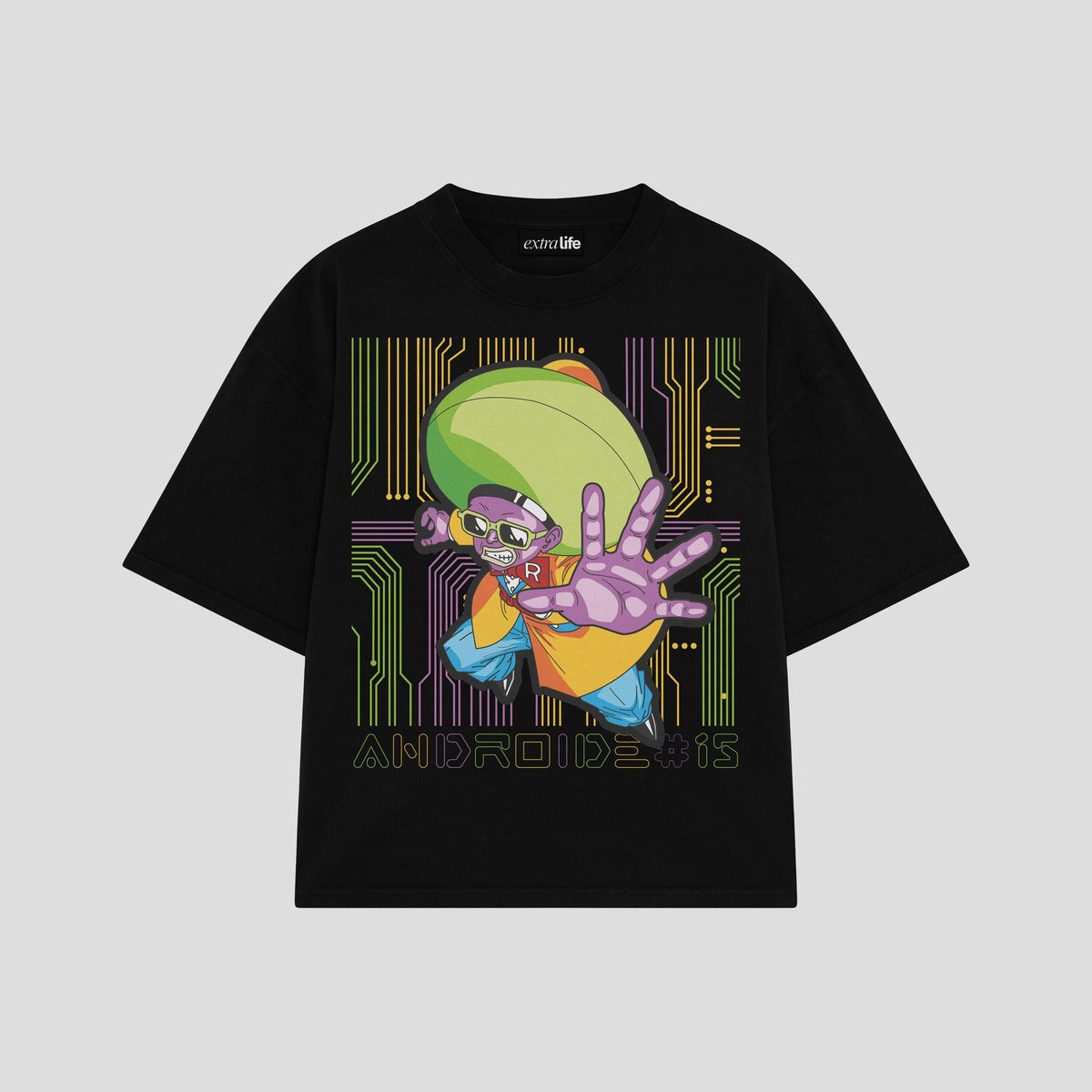 Playera streetwear premium de anime y gaming ExtraLife MX, corte oversized drop shoulder ligero y fresco en color Deep Black y Off-White, moda urbana mexicana de culto.