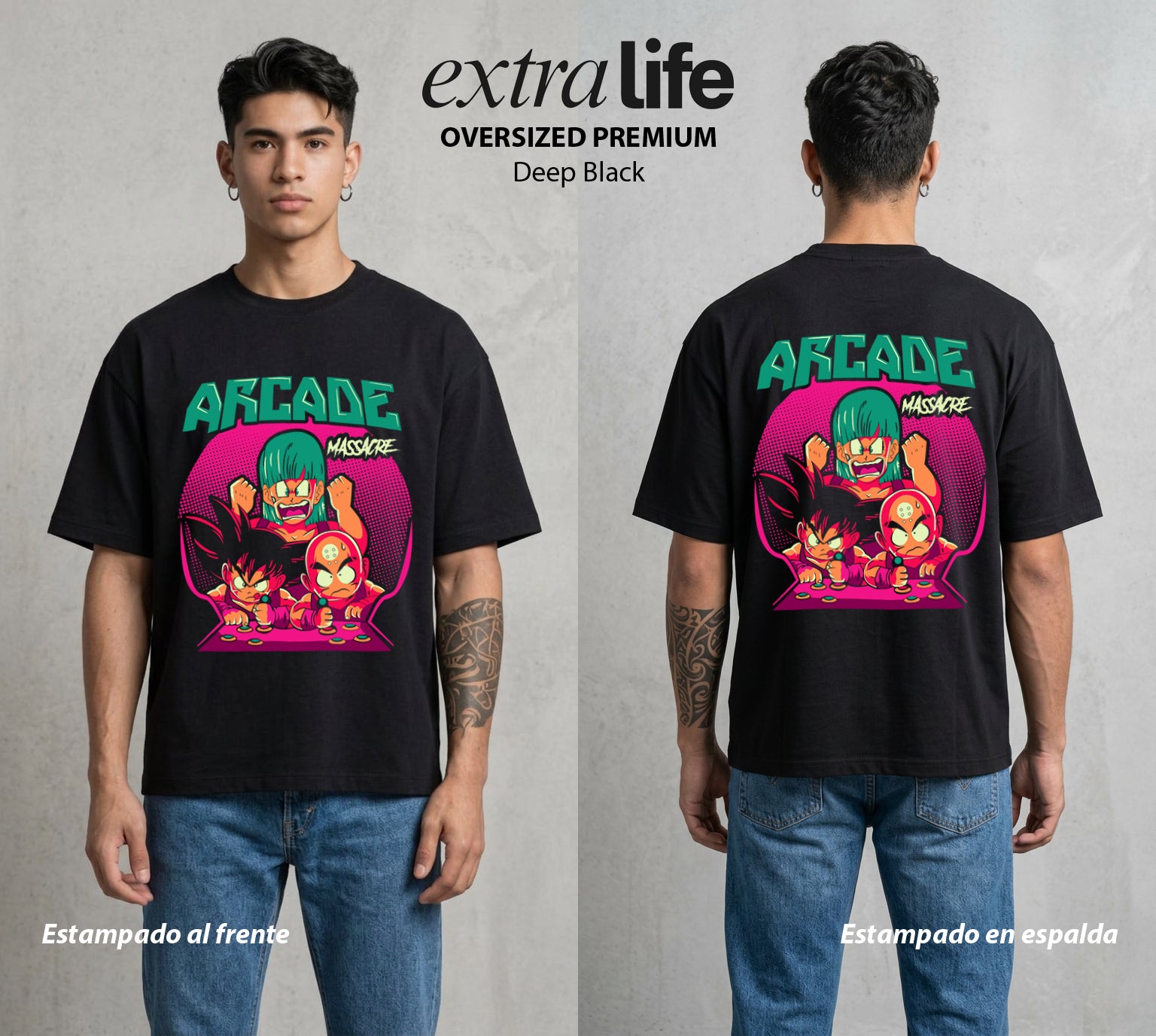 El Poder de las Esferas | Guerrero de las Estrellas Arcade #00672 - Playera Oversized Premium | Deep Black - Foto en modelo