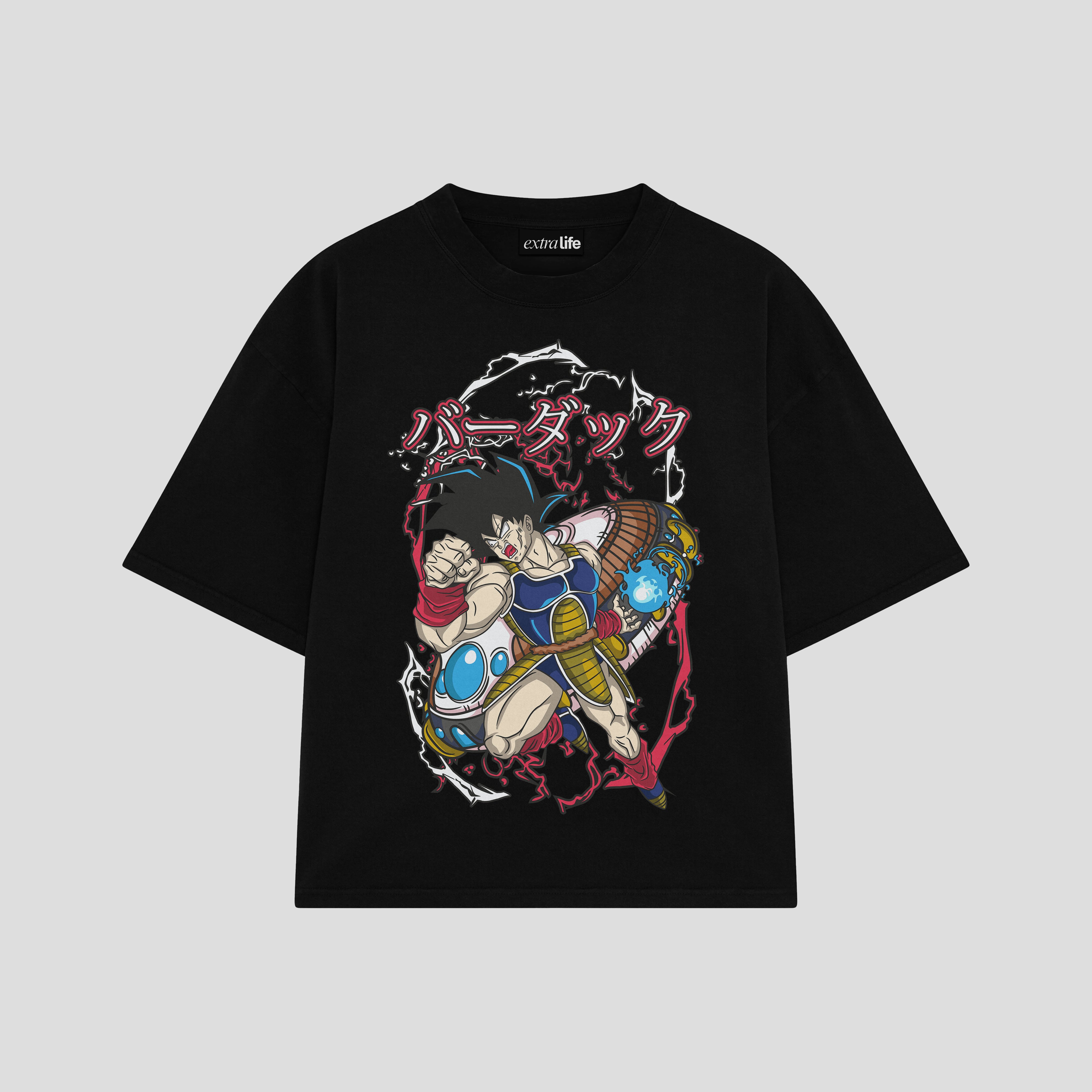 Playera streetwear premium de anime y gaming ExtraLife MX, corte boxy oversized drop shoulder heavyweight en color Deep Black y Off-White, moda urbana mexicana de culto.