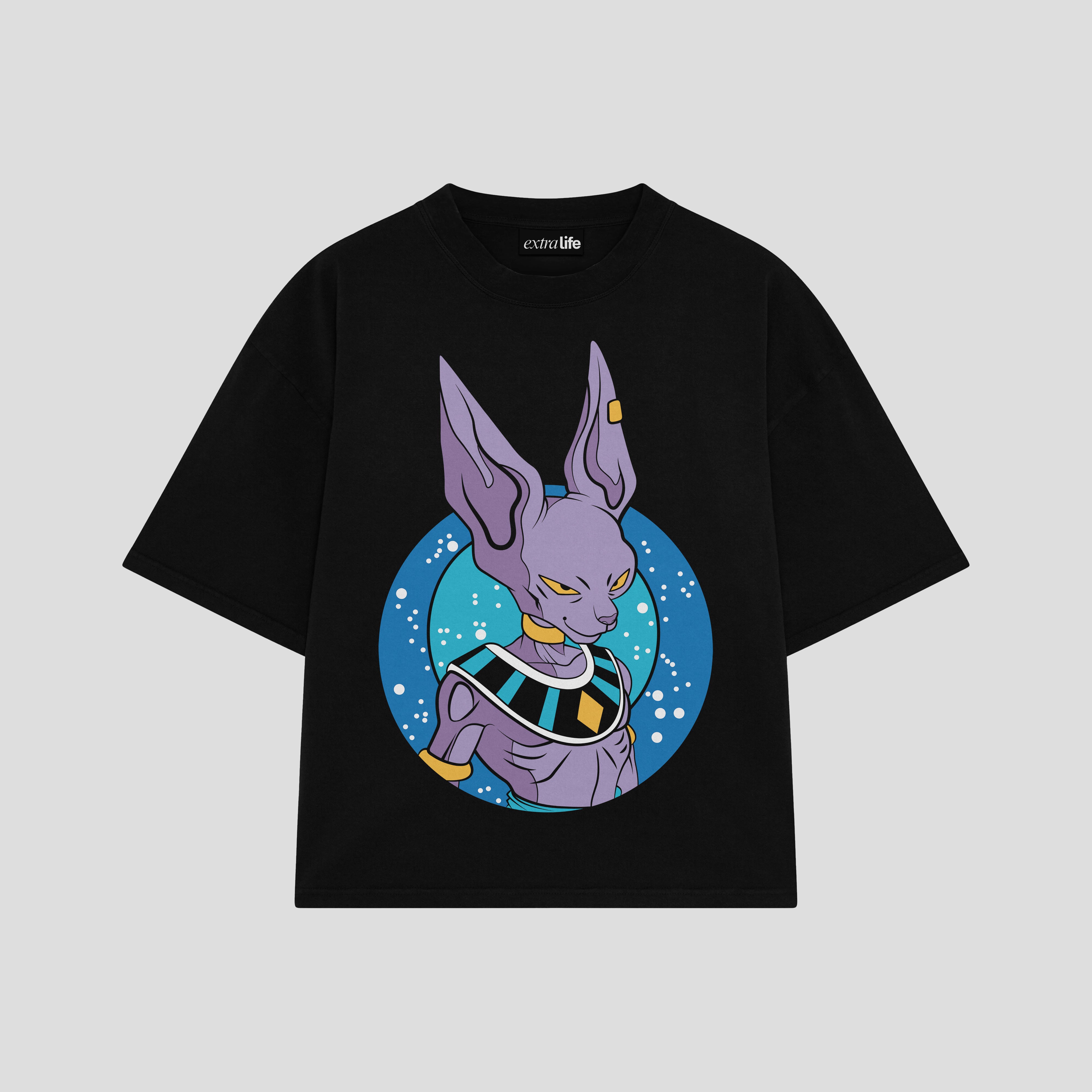 Playera streetwear premium de anime y gaming ExtraLife MX, corte boxy oversized drop shoulder heavyweight en color Deep Black y Off-White, moda urbana mexicana de culto.