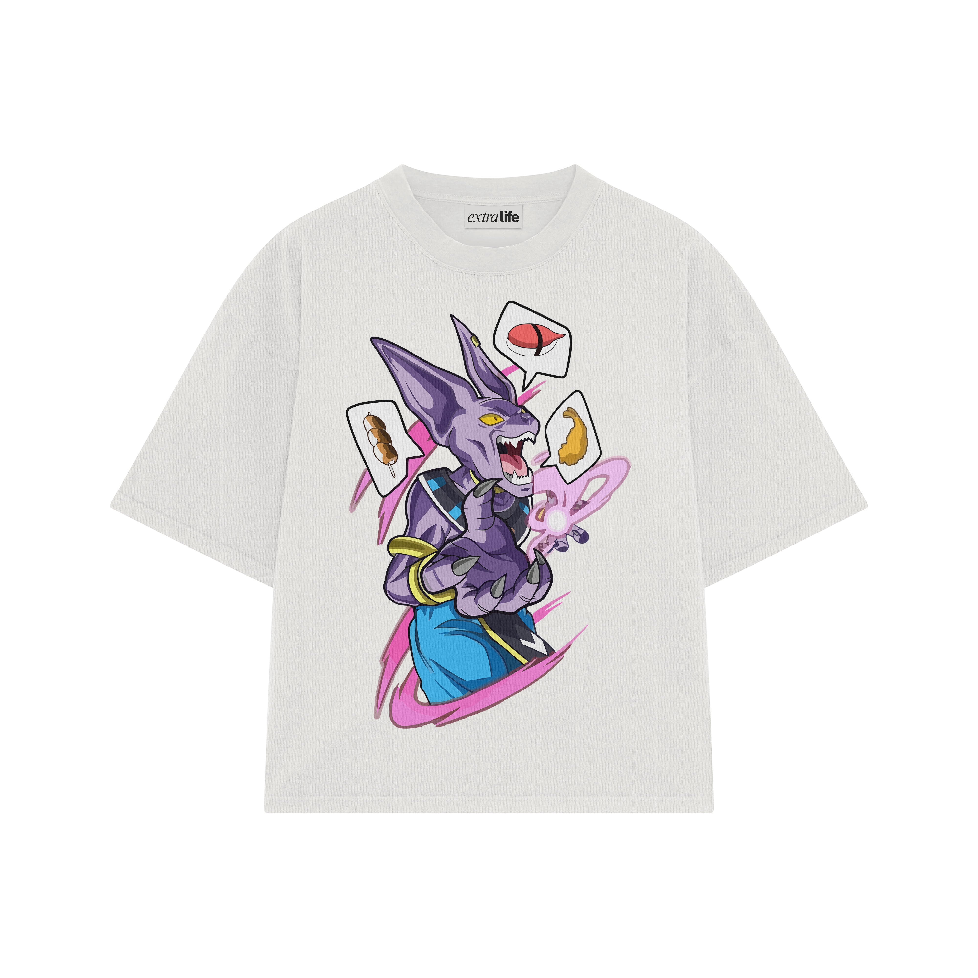 Playera streetwear premium de anime y gaming ExtraLife MX, corte boxy oversized drop shoulder heavyweight en color Deep Black y Off-White, moda urbana mexicana de culto.