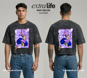 Playera streetwear premium de anime y gaming ExtraLife MX, corte boxy deluxe mineral wash heavyweight en color Acid Wash, moda urbana mexicana de culto.