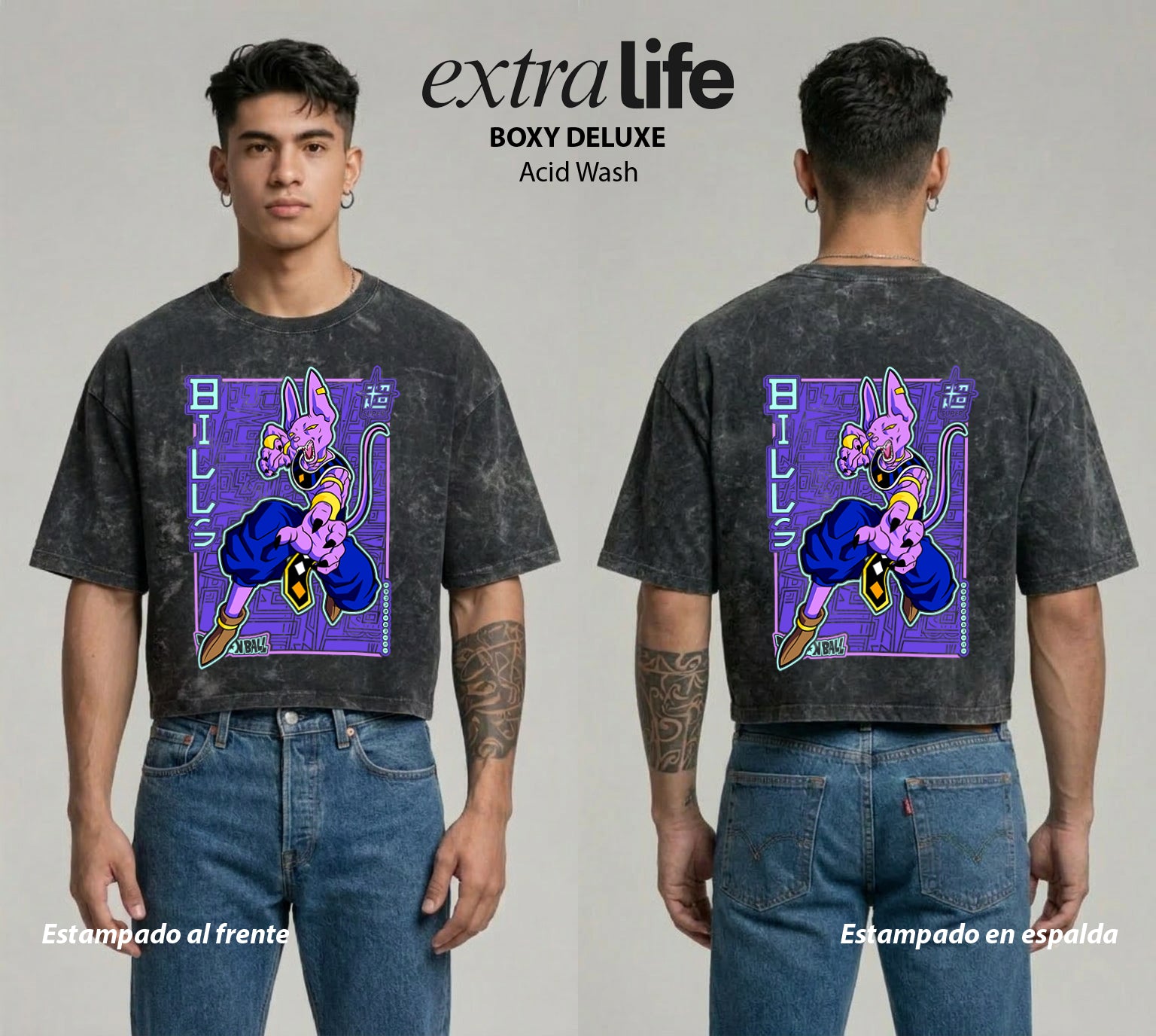 Playera streetwear premium de anime y gaming ExtraLife MX, corte boxy deluxe mineral wash heavyweight en color Acid Wash, moda urbana mexicana de culto.