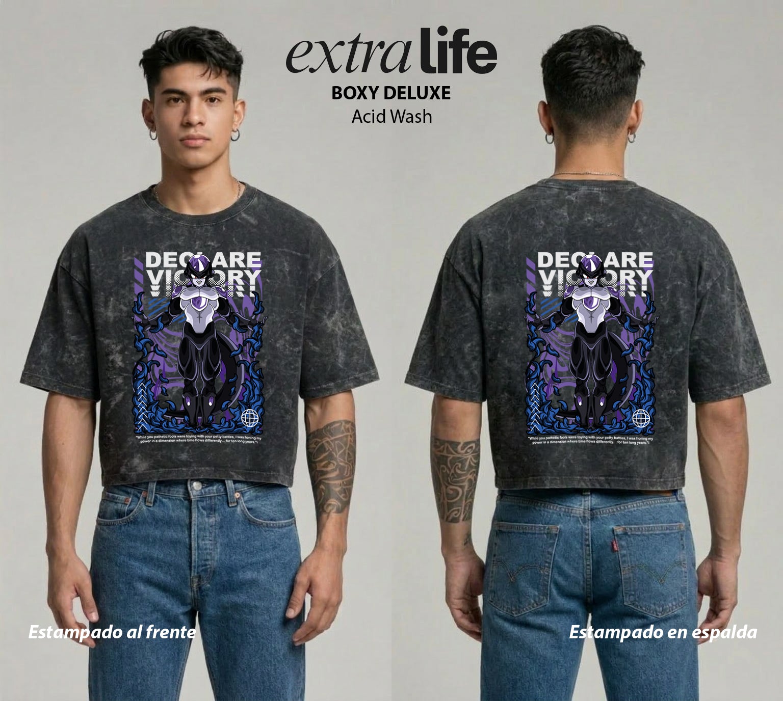 Playera streetwear premium de anime y gaming ExtraLife MX, corte boxy deluxe mineral wash heavyweight en color Acid Wash, moda urbana mexicana de culto.