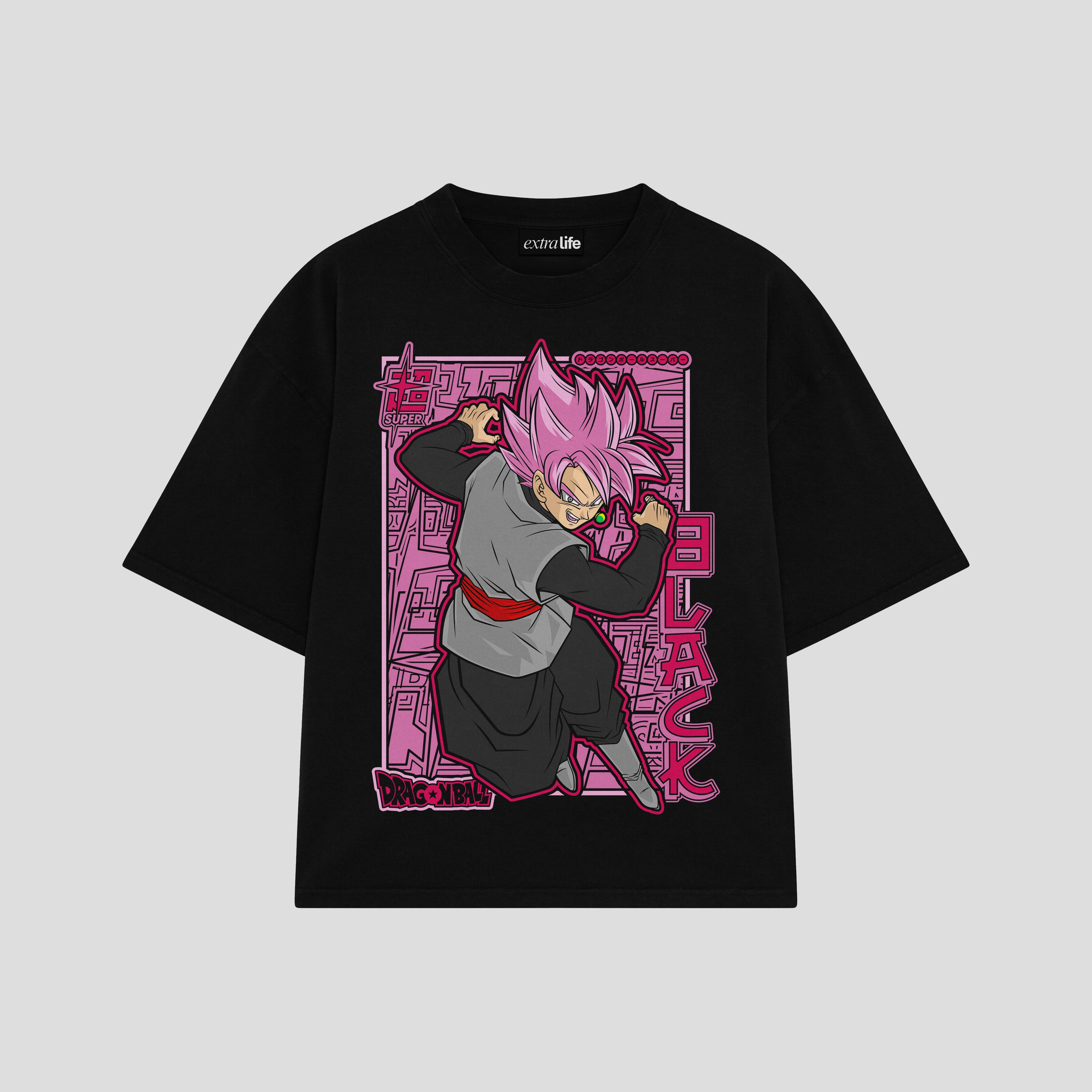 Playera streetwear premium de anime y gaming ExtraLife MX, corte boxy oversized drop shoulder heavyweight en color Deep Black y Off-White, moda urbana mexicana de culto.