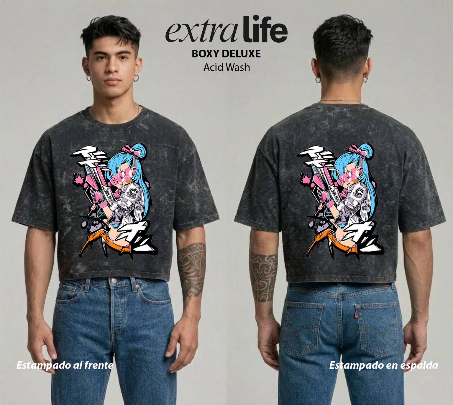 Playera streetwear premium de anime y gaming ExtraLife MX, corte boxy deluxe mineral wash heavyweight en color Acid Wash, moda urbana mexicana de culto.