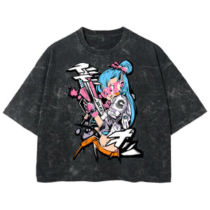 Playera streetwear premium de anime y gaming ExtraLife MX, corte boxy deluxe mineral wash heavyweight en color Acid Wash, moda urbana mexicana de culto.