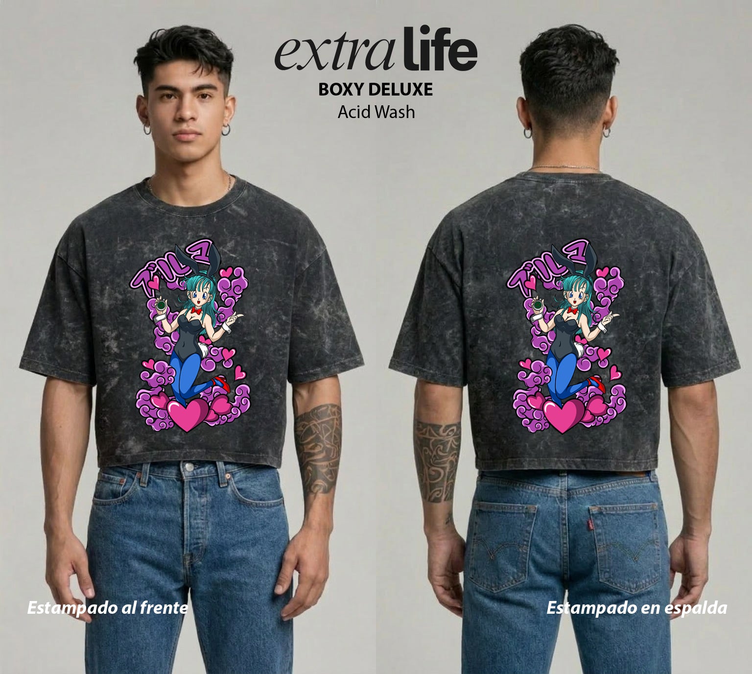 Playera streetwear premium de anime y gaming ExtraLife MX, corte boxy deluxe mineral wash heavyweight en color Acid Wash, moda urbana mexicana de culto.