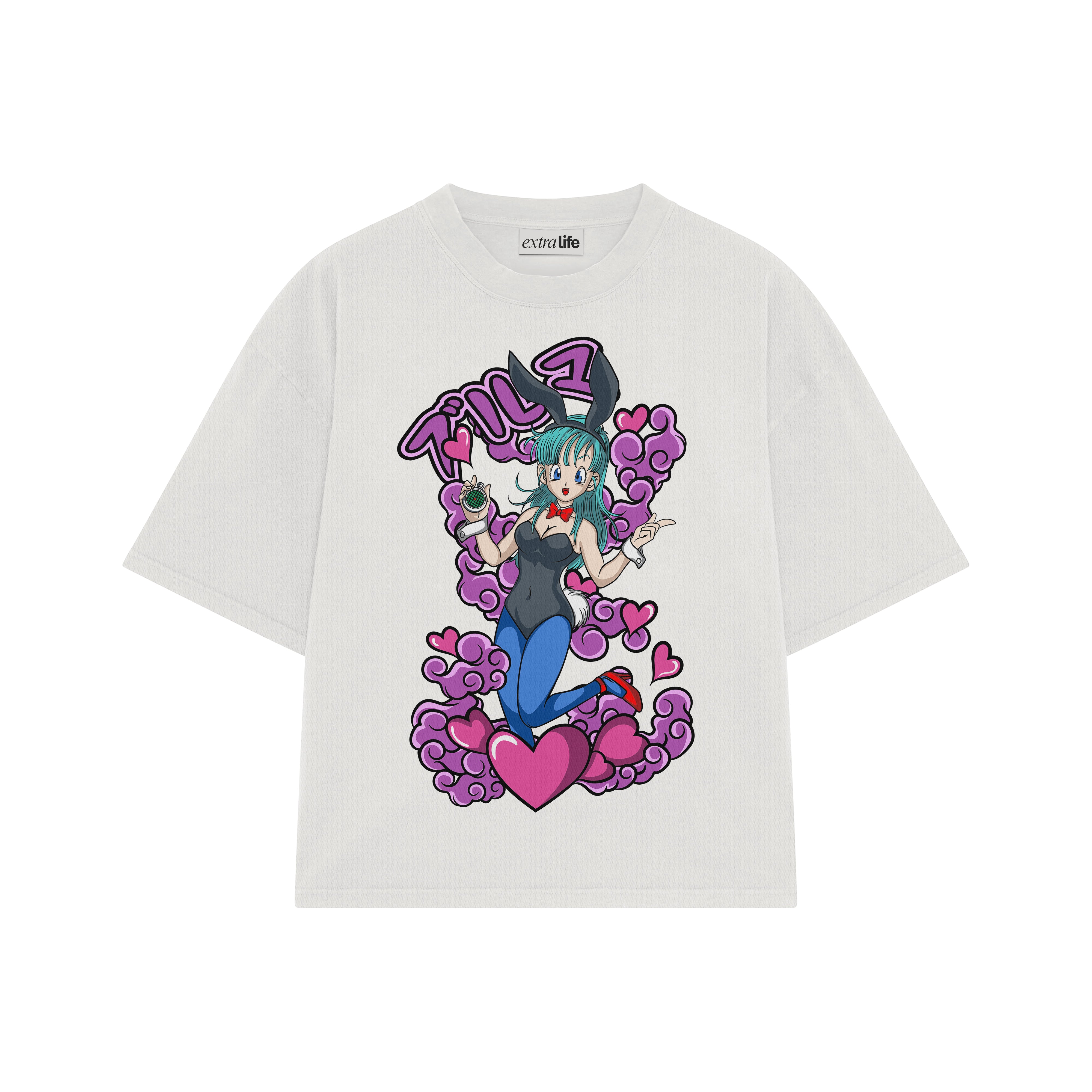 Playera streetwear premium de anime y gaming ExtraLife MX, corte boxy oversized drop shoulder heavyweight en color Deep Black y Off-White, moda urbana mexicana de culto.