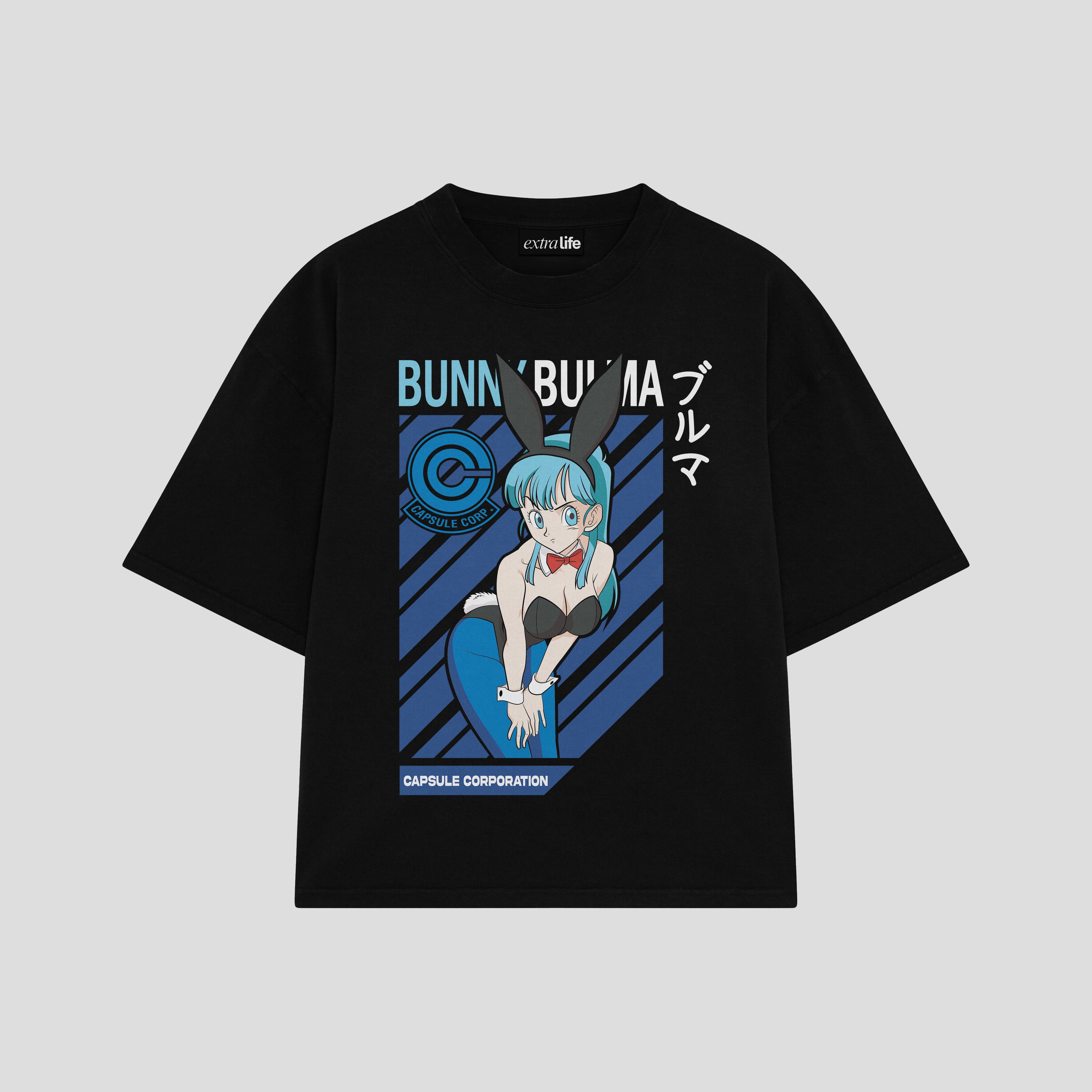Playera streetwear premium de anime y gaming ExtraLife MX, corte boxy oversized drop shoulder heavyweight en color Deep Black y Off-White, moda urbana mexicana de culto.