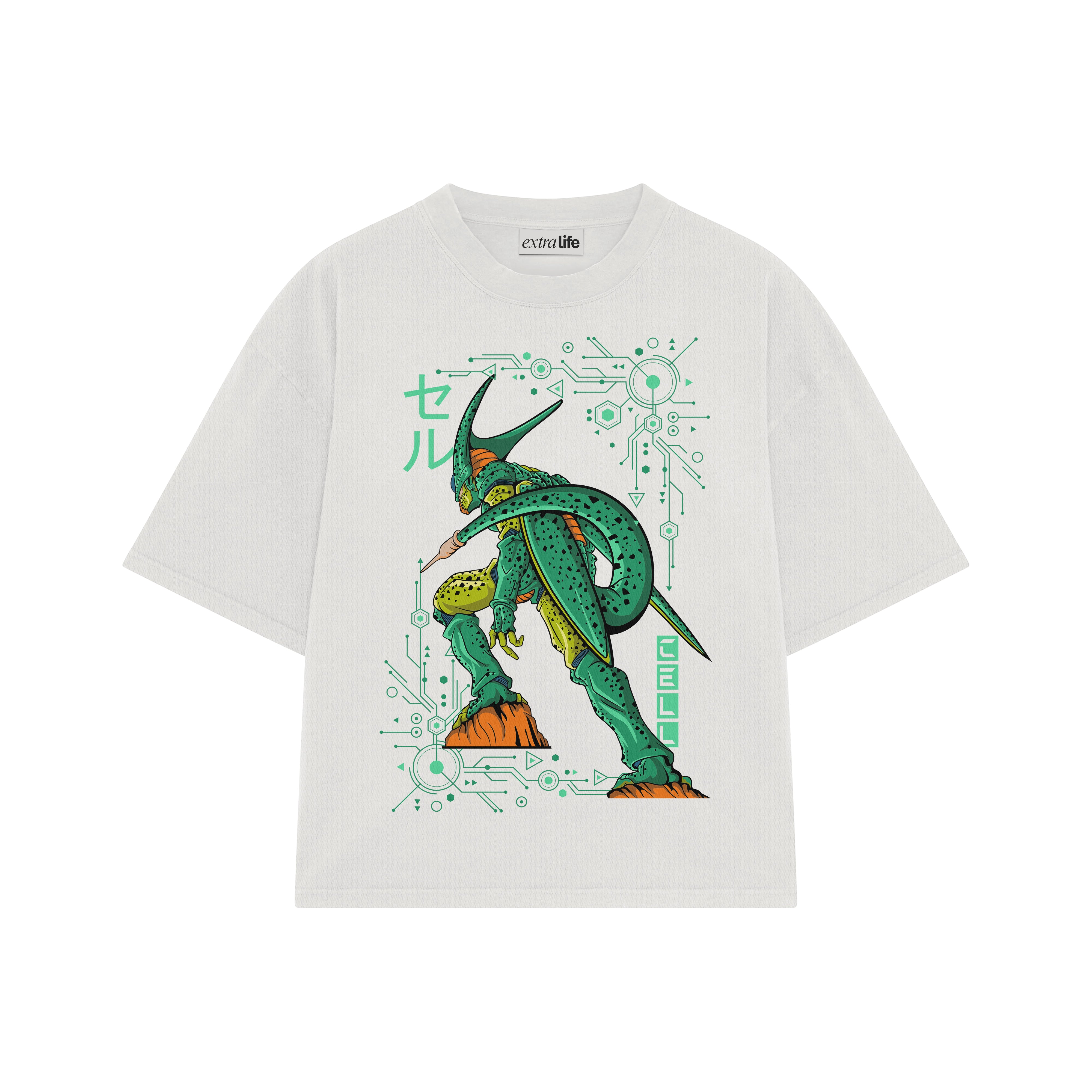 Playera streetwear premium de anime y gaming ExtraLife MX, corte boxy oversized drop shoulder heavyweight en color Deep Black y Off-White, moda urbana mexicana de culto.