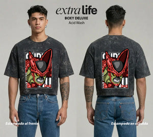 Playera streetwear premium de anime y gaming ExtraLife MX, corte boxy deluxe mineral wash heavyweight en color Acid Wash, moda urbana mexicana de culto.