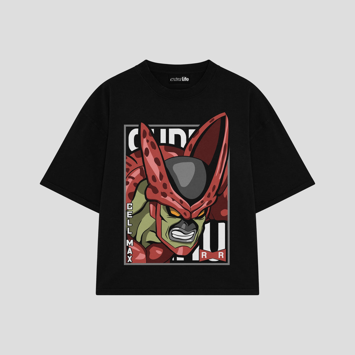 Playera streetwear premium de anime y gaming ExtraLife MX, corte oversized drop shoulder ligero y fresco en color Deep Black y Off-White, moda urbana mexicana de culto.