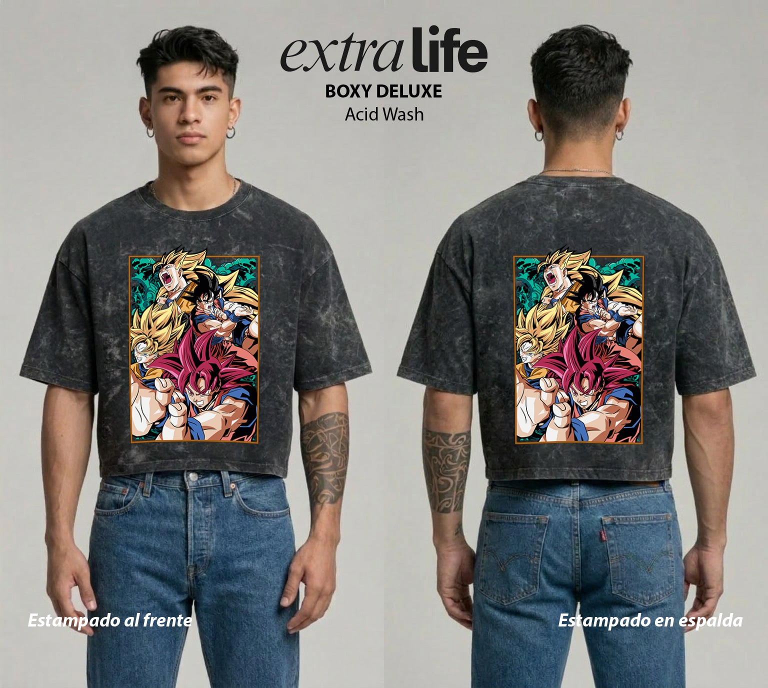 Playera streetwear premium de anime y gaming ExtraLife MX, corte boxy deluxe mineral wash heavyweight en color Acid Wash, moda urbana mexicana de culto.