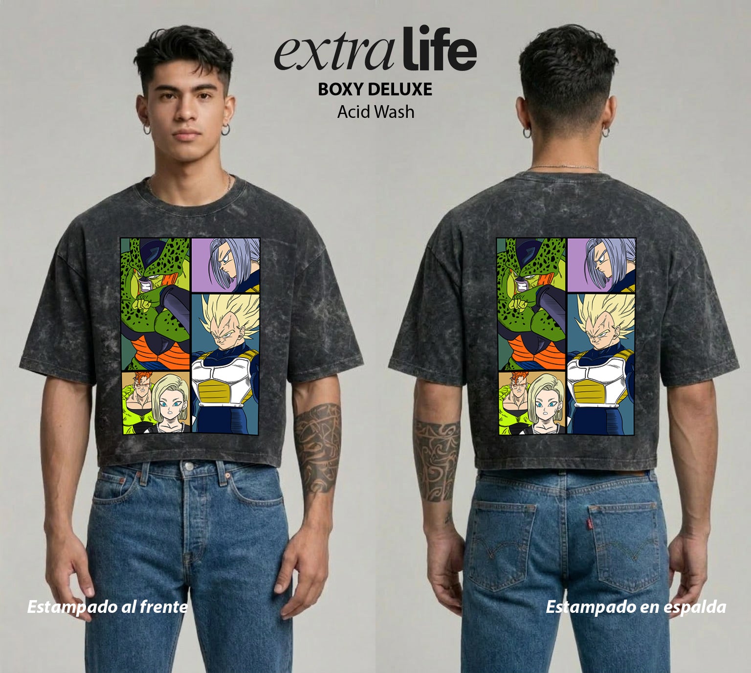 Playera streetwear premium de anime y gaming ExtraLife MX, corte boxy deluxe mineral wash heavyweight en color Acid Wash, moda urbana mexicana de culto.