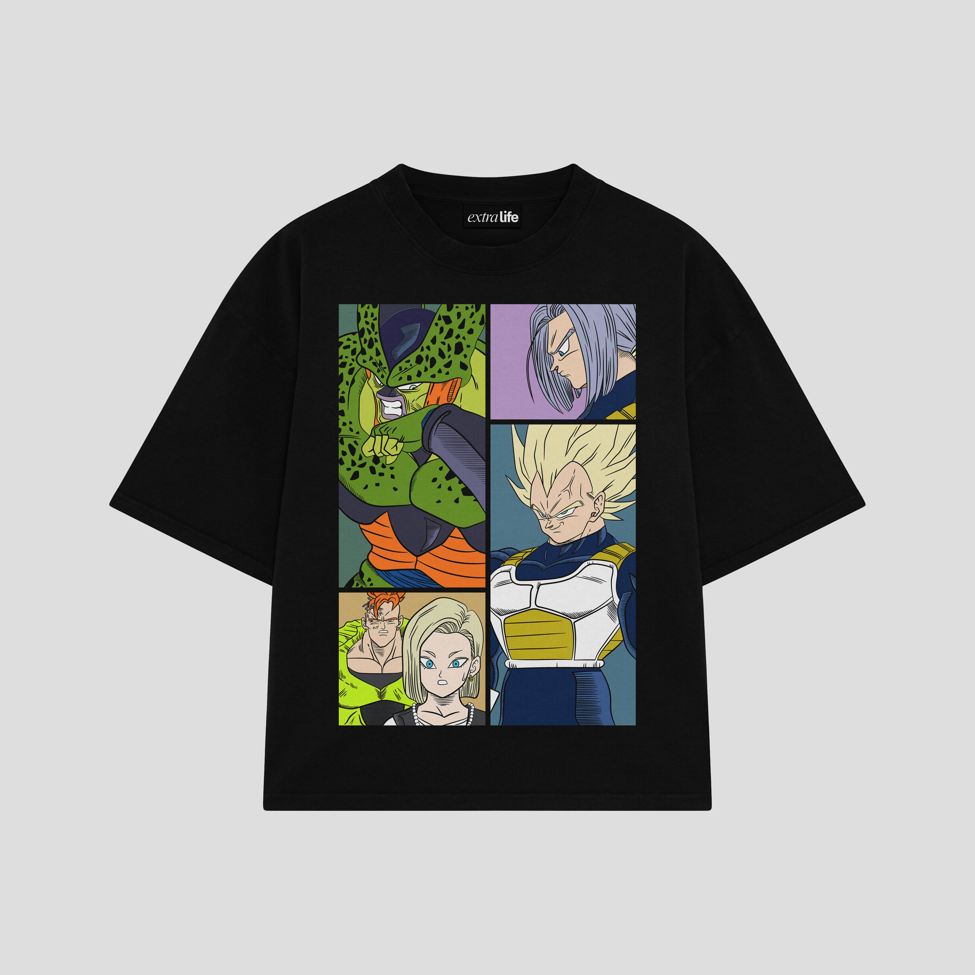 Playera streetwear premium de anime y gaming ExtraLife MX, corte boxy oversized drop shoulder heavyweight en color Deep Black y Off-White, moda urbana mexicana de culto.
