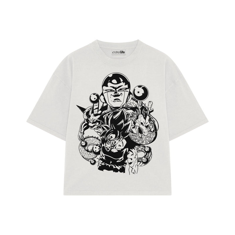 Playera streetwear premium de anime y gaming ExtraLife MX, corte boxy oversized drop shoulder heavyweight en color Deep Black y Off-White, moda urbana mexicana de culto.