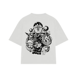 Playera streetwear premium de anime y gaming ExtraLife MX, corte boxy oversized drop shoulder heavyweight en color Deep Black y Off-White, moda urbana mexicana de culto.
