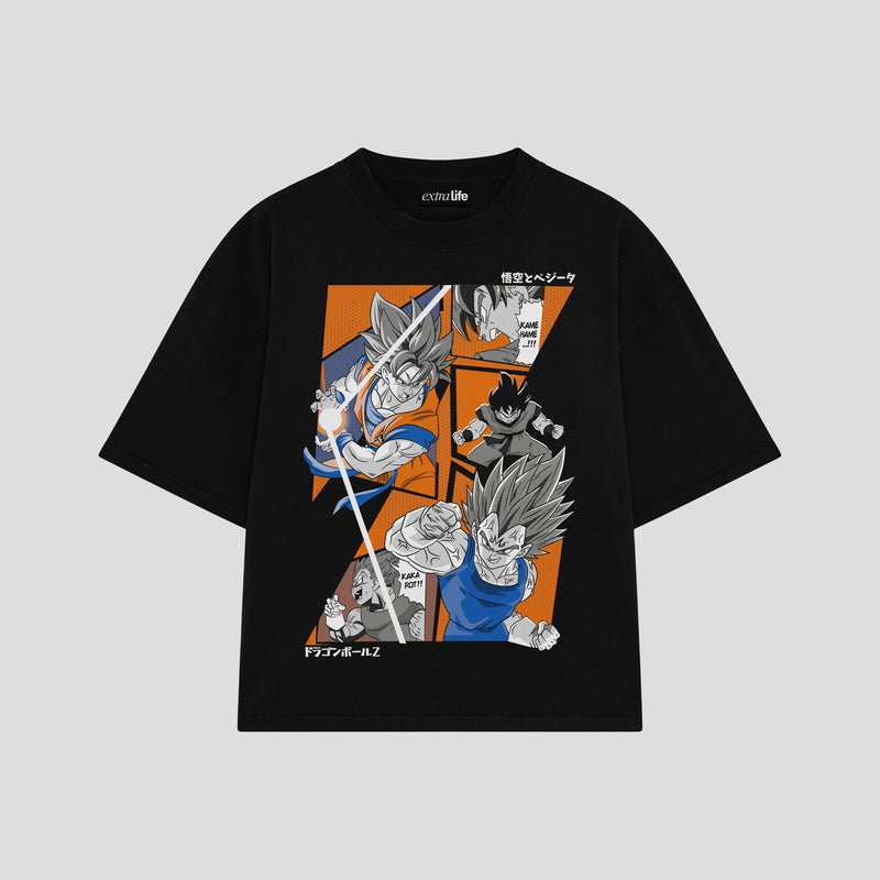 Playera streetwear premium de anime y gaming ExtraLife MX, corte boxy oversized drop shoulder heavyweight en color Deep Black y Off-White, moda urbana mexicana de culto.