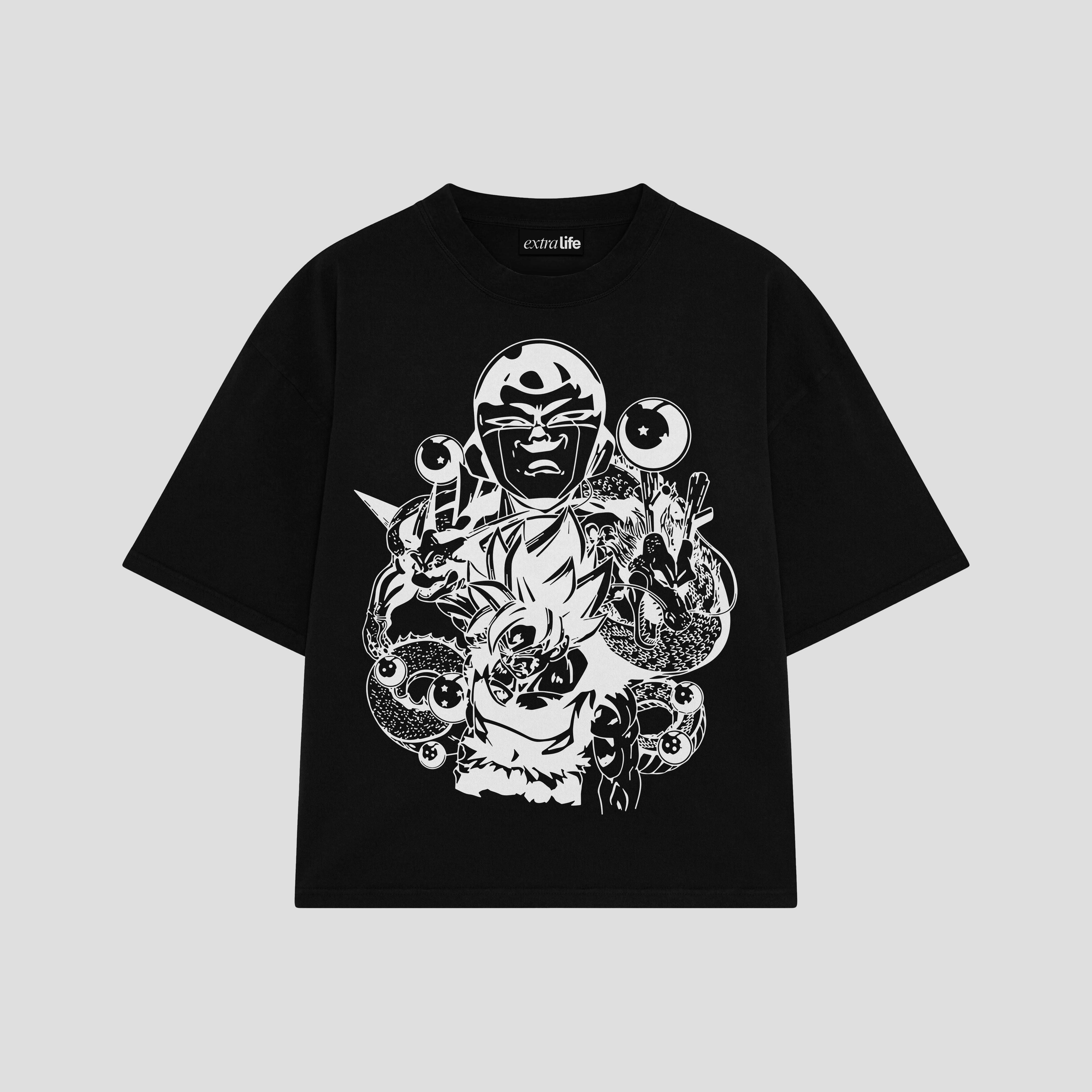 Playera streetwear premium de anime y gaming ExtraLife MX, corte boxy oversized drop shoulder heavyweight en color Deep Black y Off-White, moda urbana mexicana de culto.