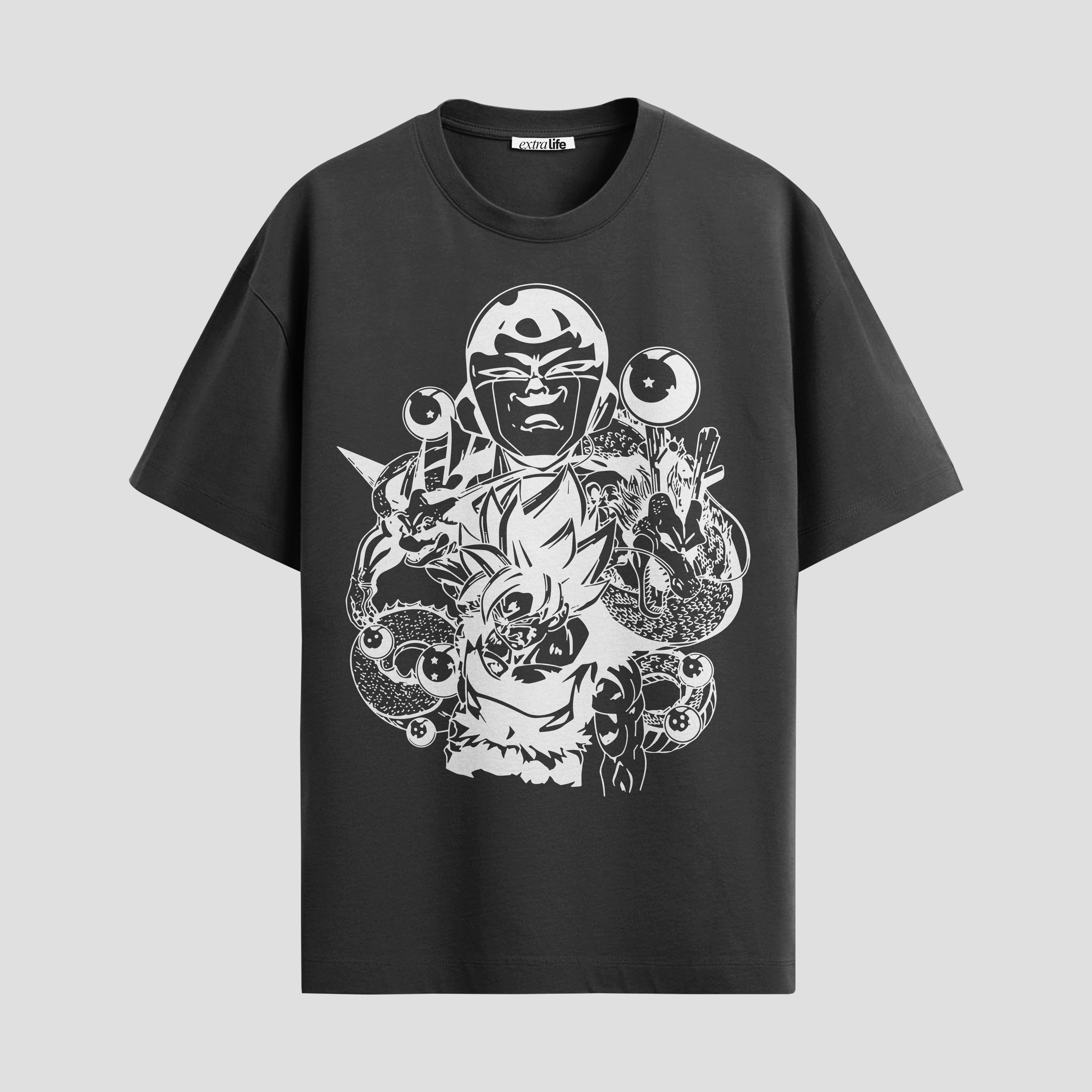 Playera urbana de anime y gaming ExtraLife MX, corte Standard Fit unisex ligero y transpirable en color Deep Black y Pure White, ropa de uso diario para gym y casual.