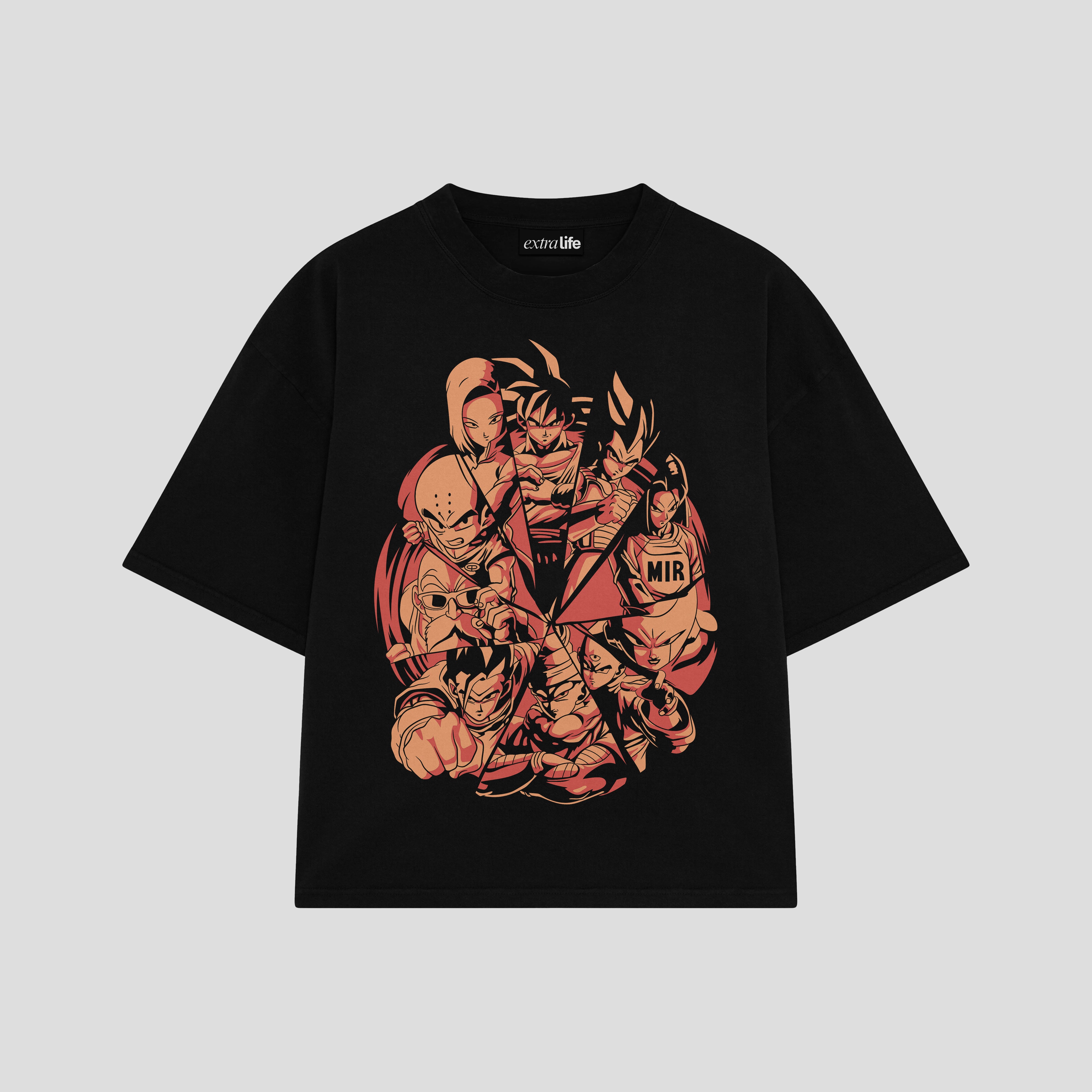 Playera streetwear premium de anime y gaming ExtraLife MX, corte boxy oversized drop shoulder heavyweight en color Deep Black y Off-White, moda urbana mexicana de culto.